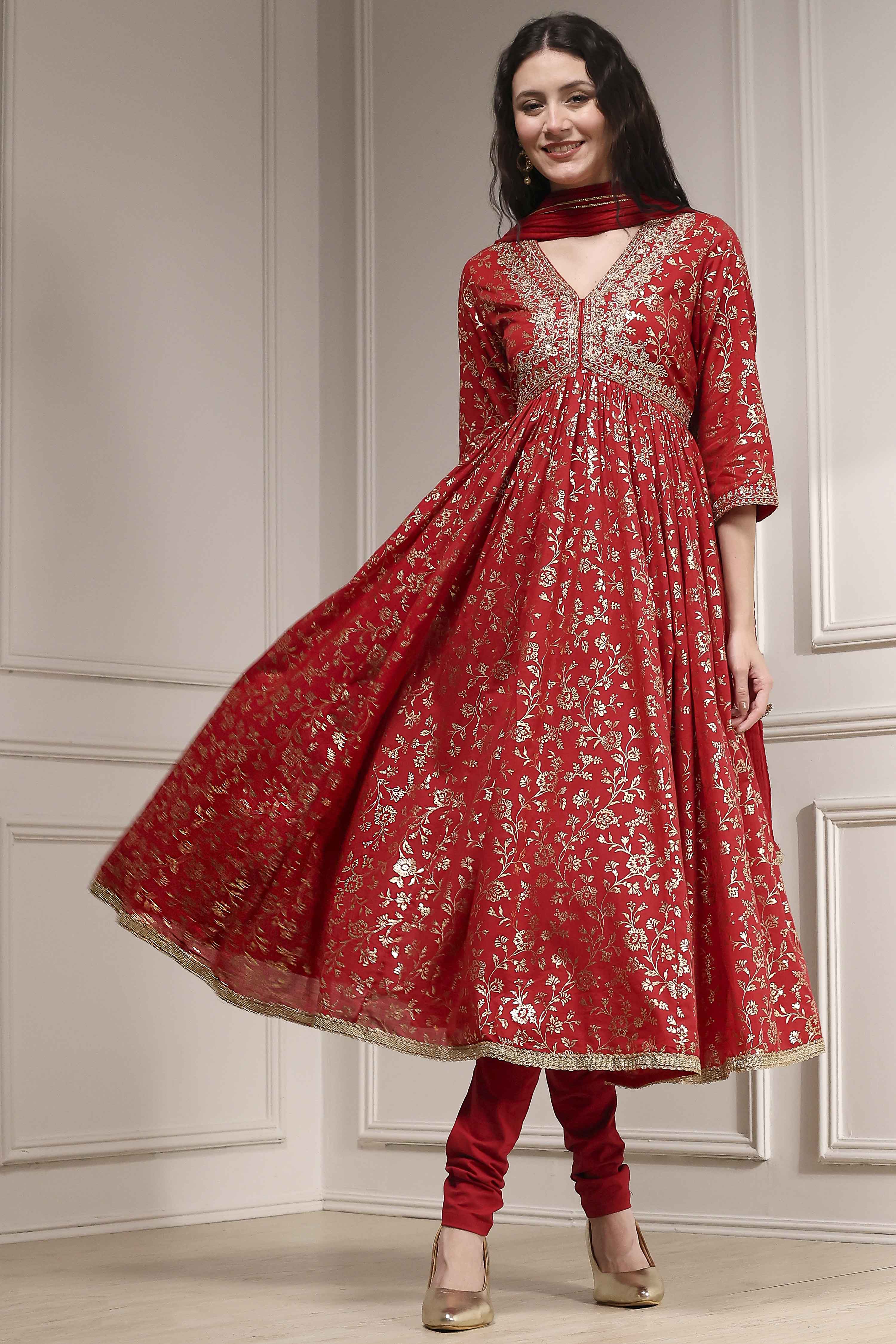 Off-White Cotton Foil Printed Anarkali Suit Set image number 7
