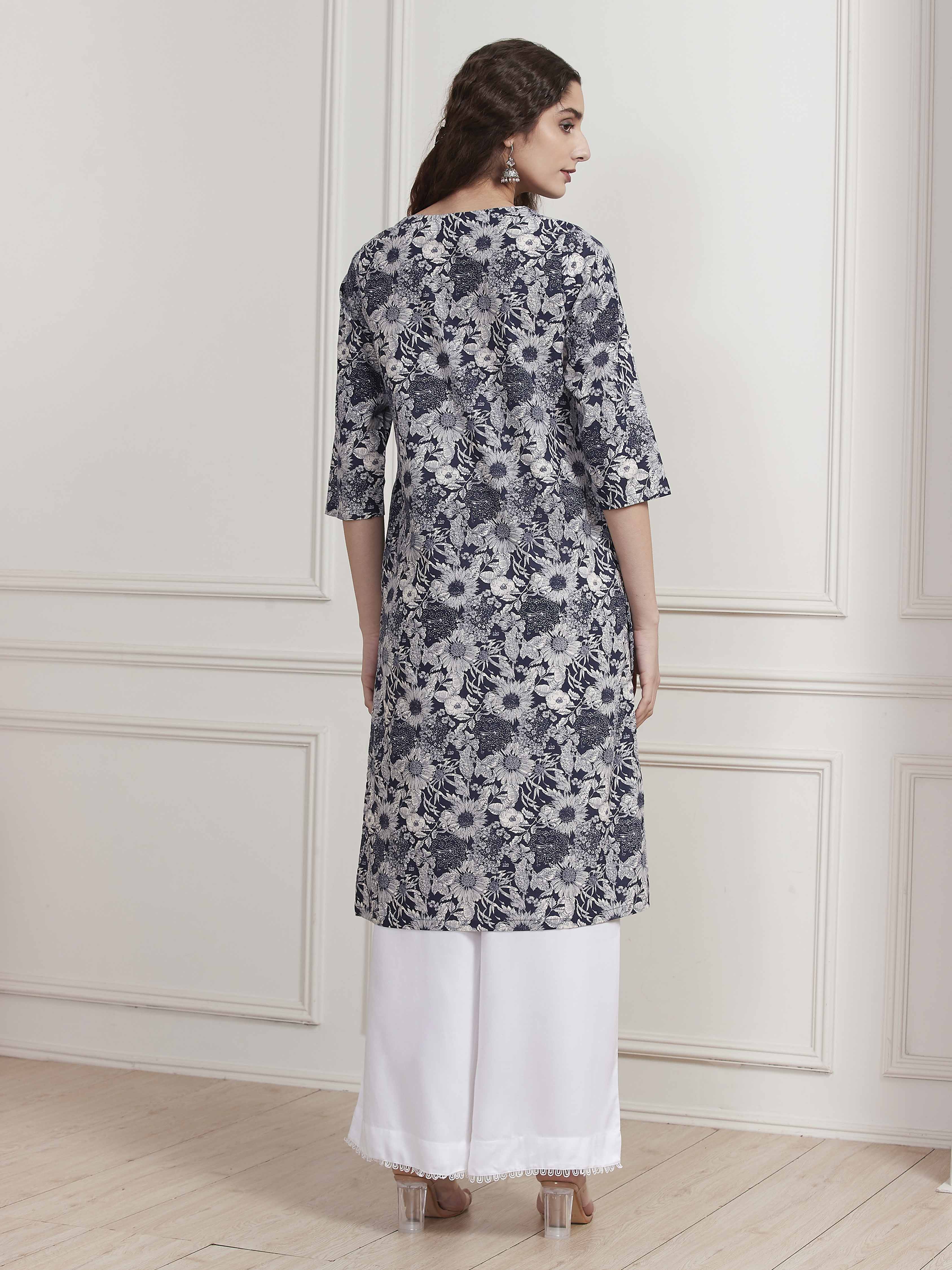 Blue Cotton Floral Printed Straight Kurta image number 3