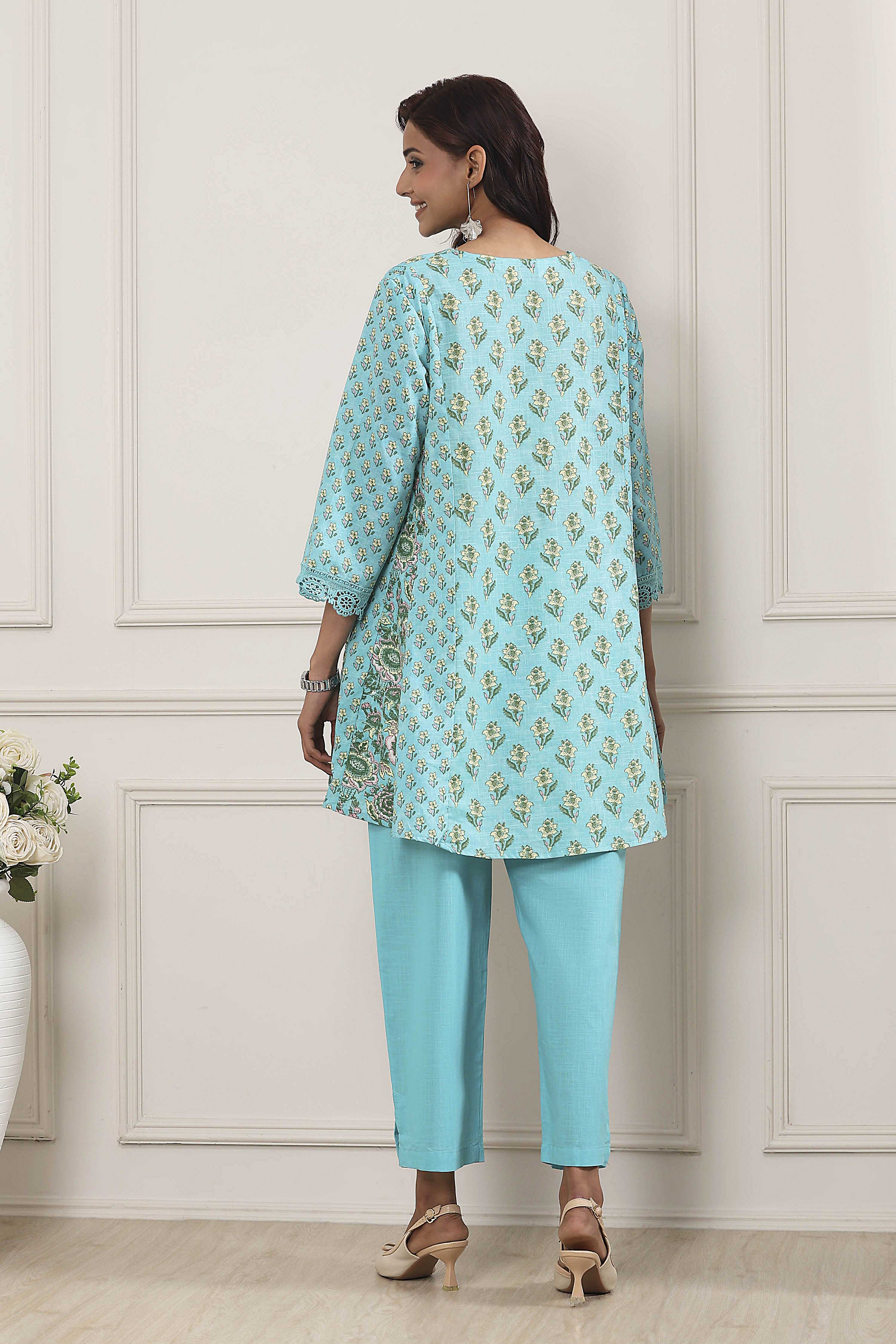 Turquoise Cotton Printed Kalidar Kurta Set image number 4