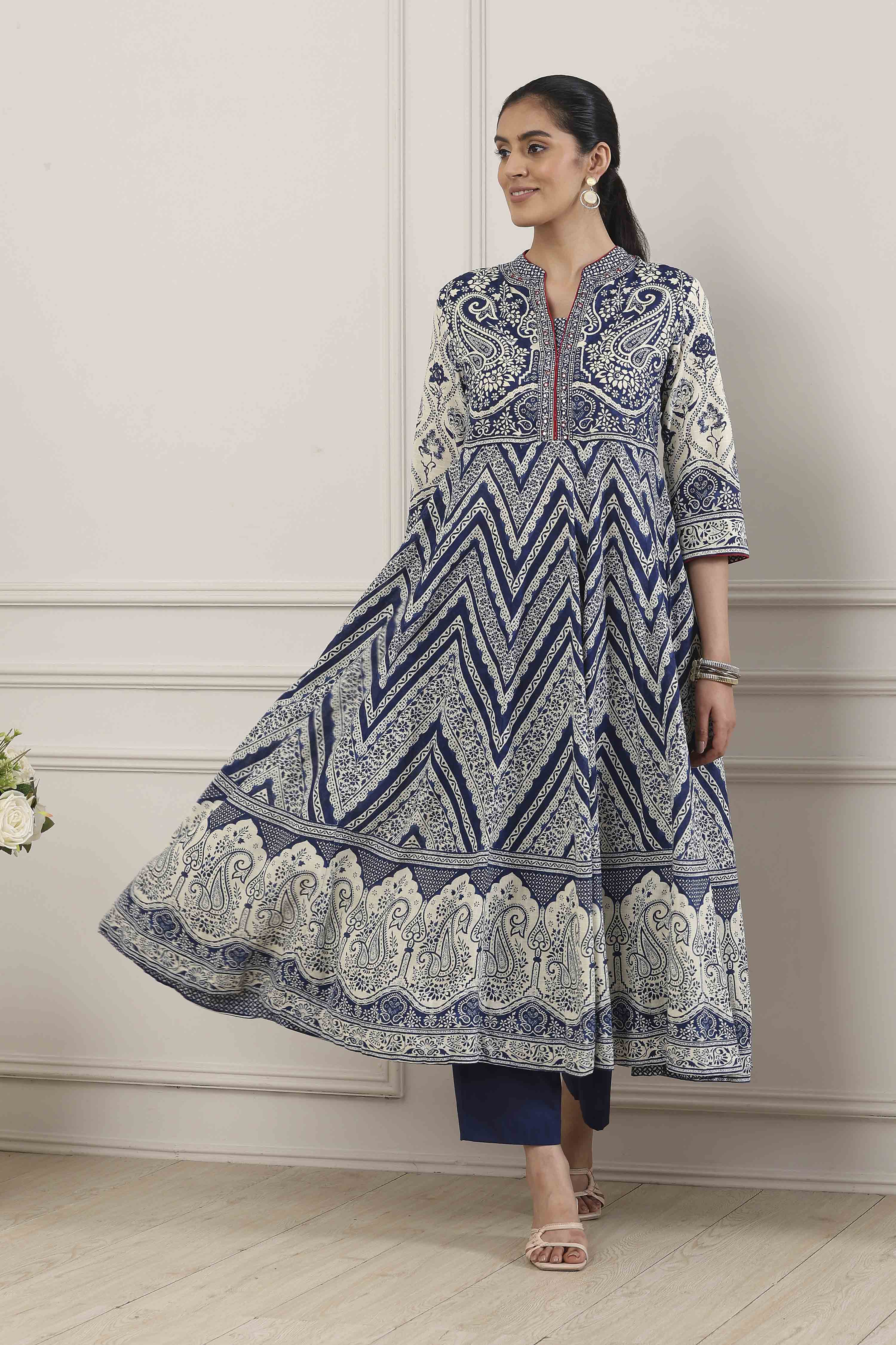Blue Cotton Paisley & Chevron Printed Anarkali Suit Set image number 0