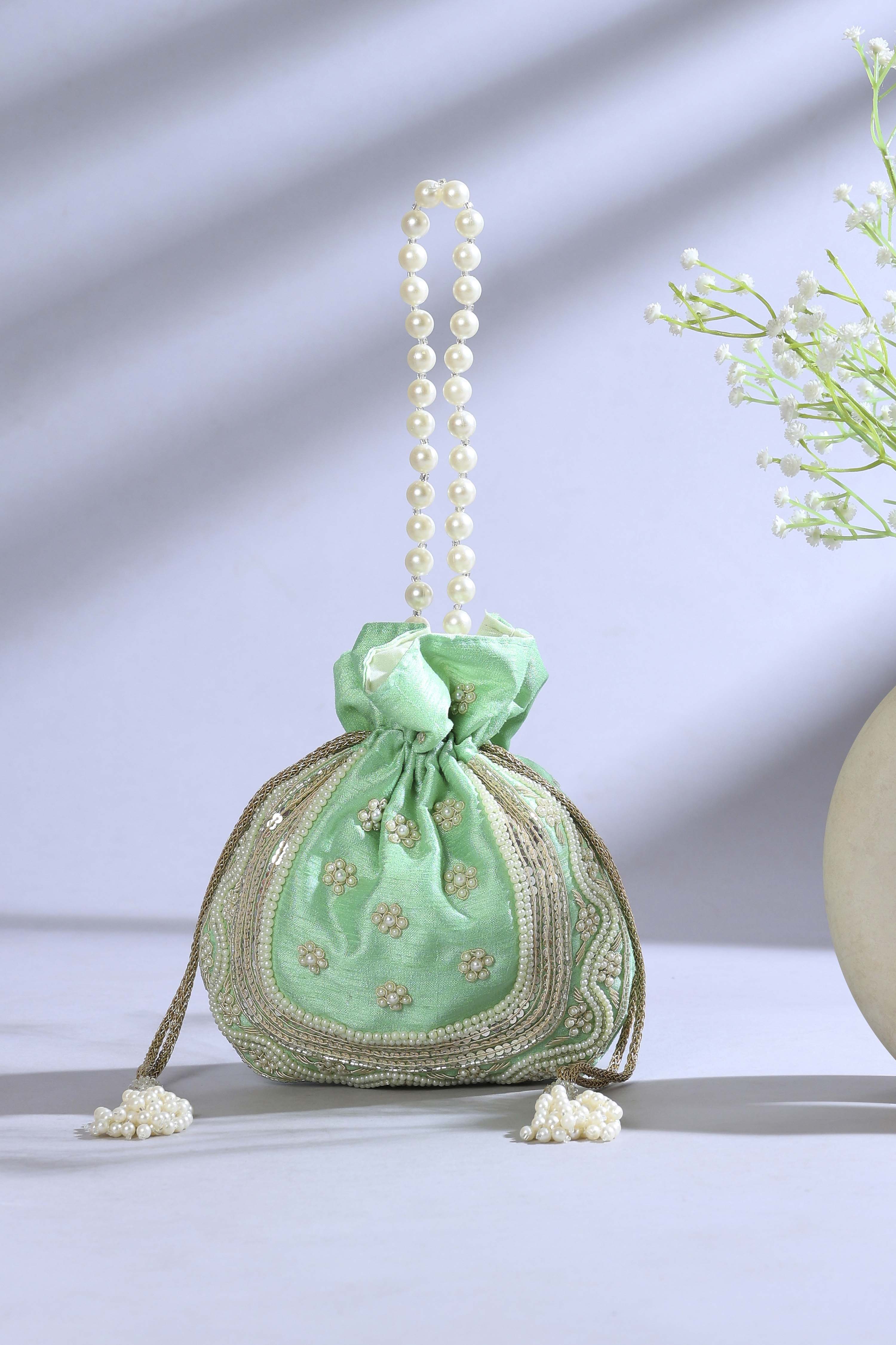 Green Fabric Floral Embellished Potli image number 0