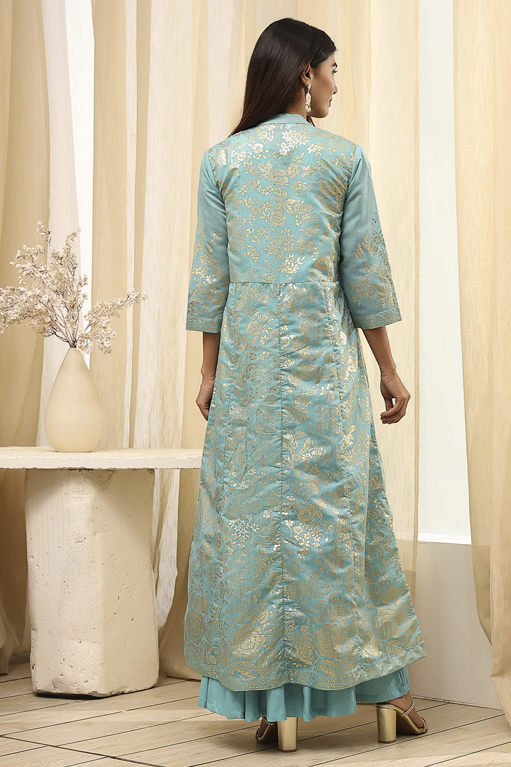 Earthy Brown Printed Layered Cape Dress image number 5