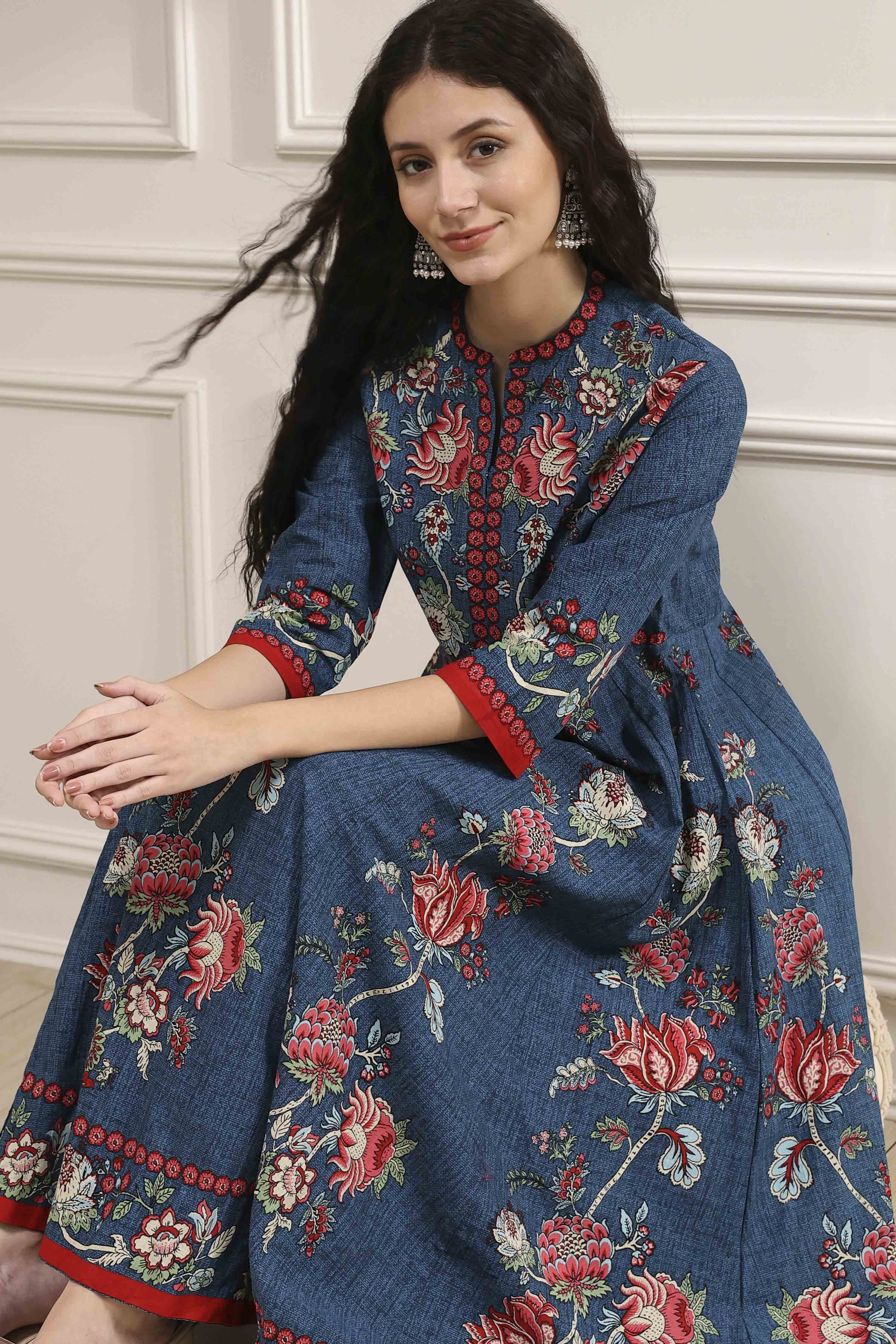 Blue Cotton Printed Anarkali Suit Set image number 0