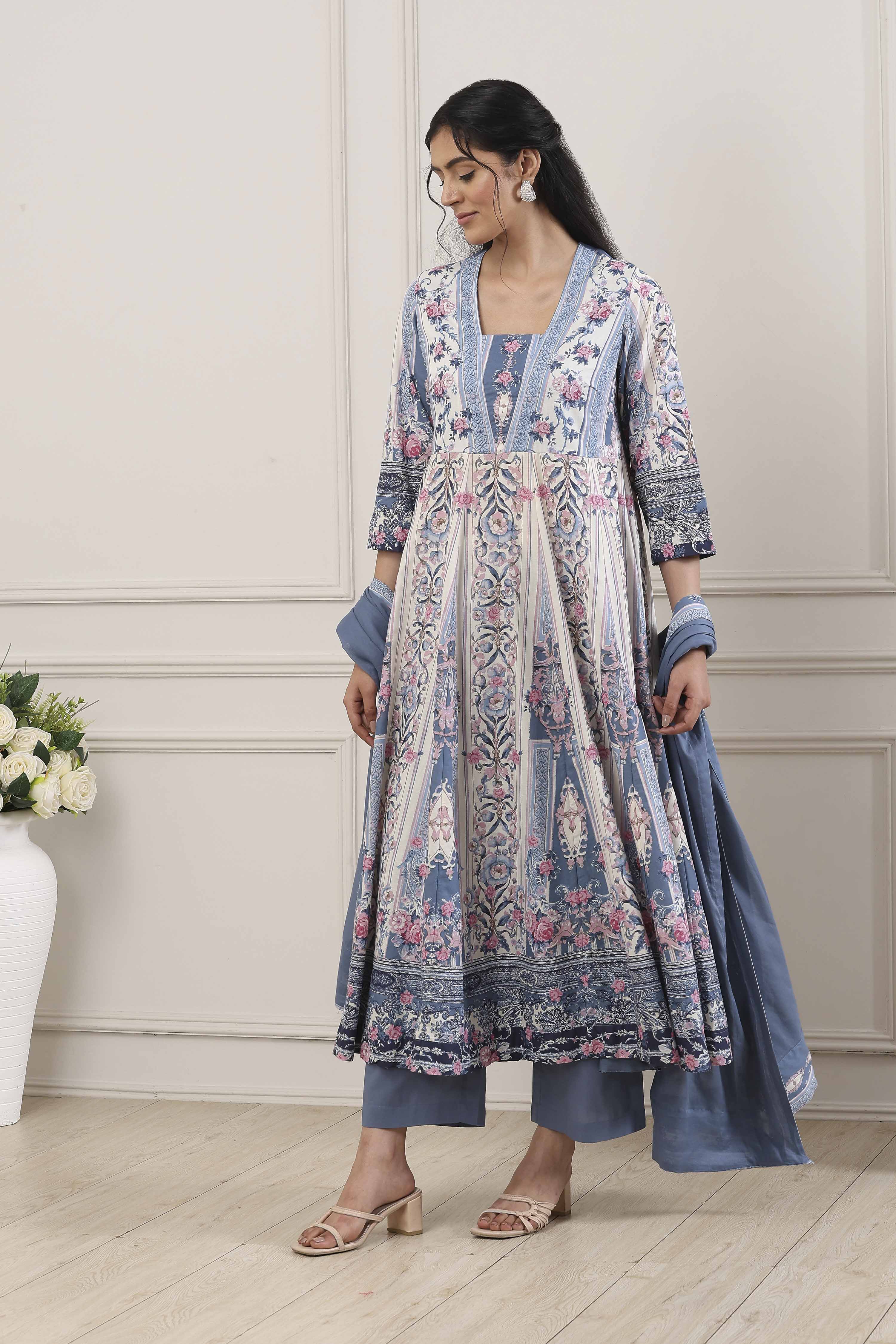 Blue Cotton Floral Printed Anarkali Suit Set image number 5