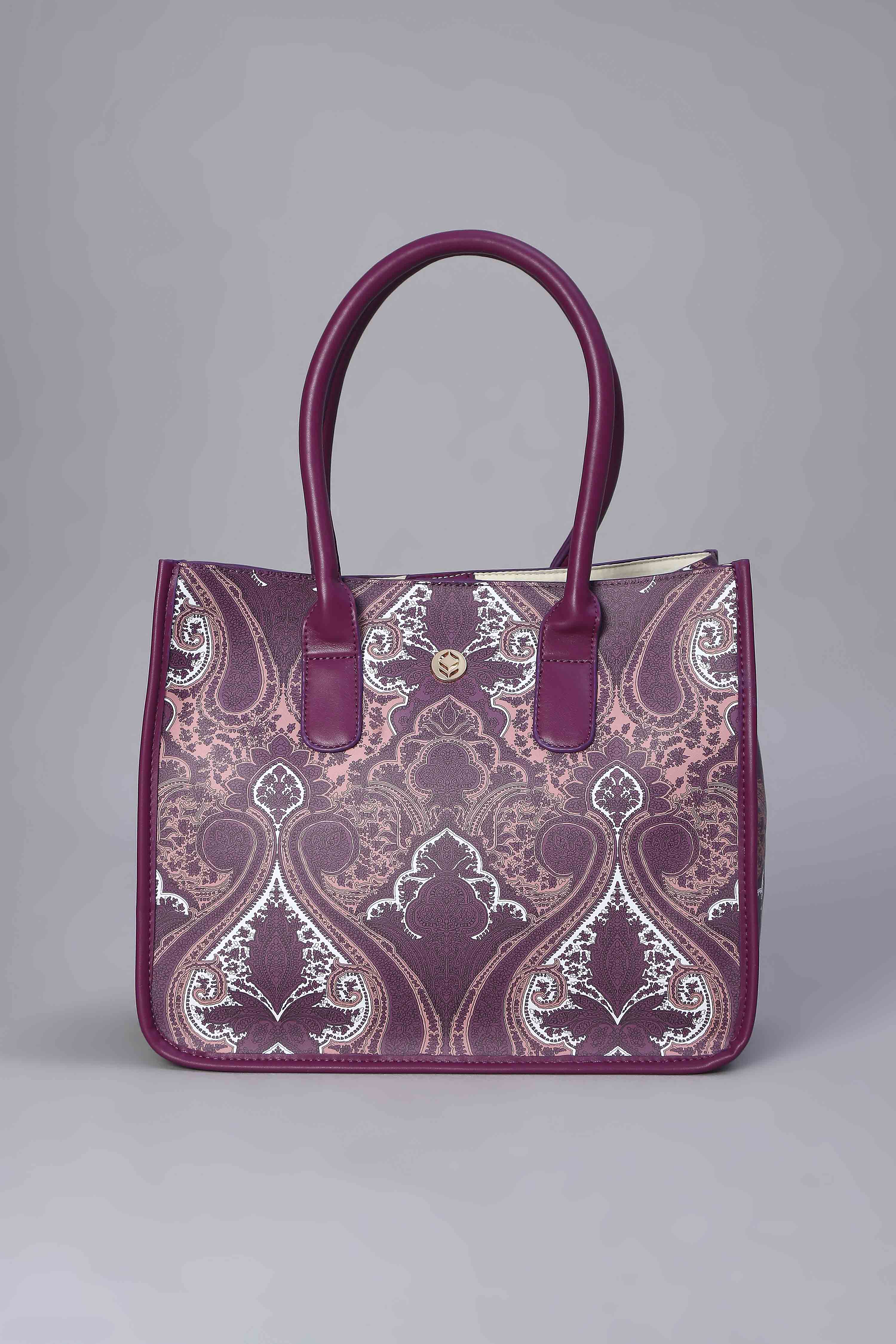 Magenta PU Printed Structured Tote Bag With Pouch image number 1