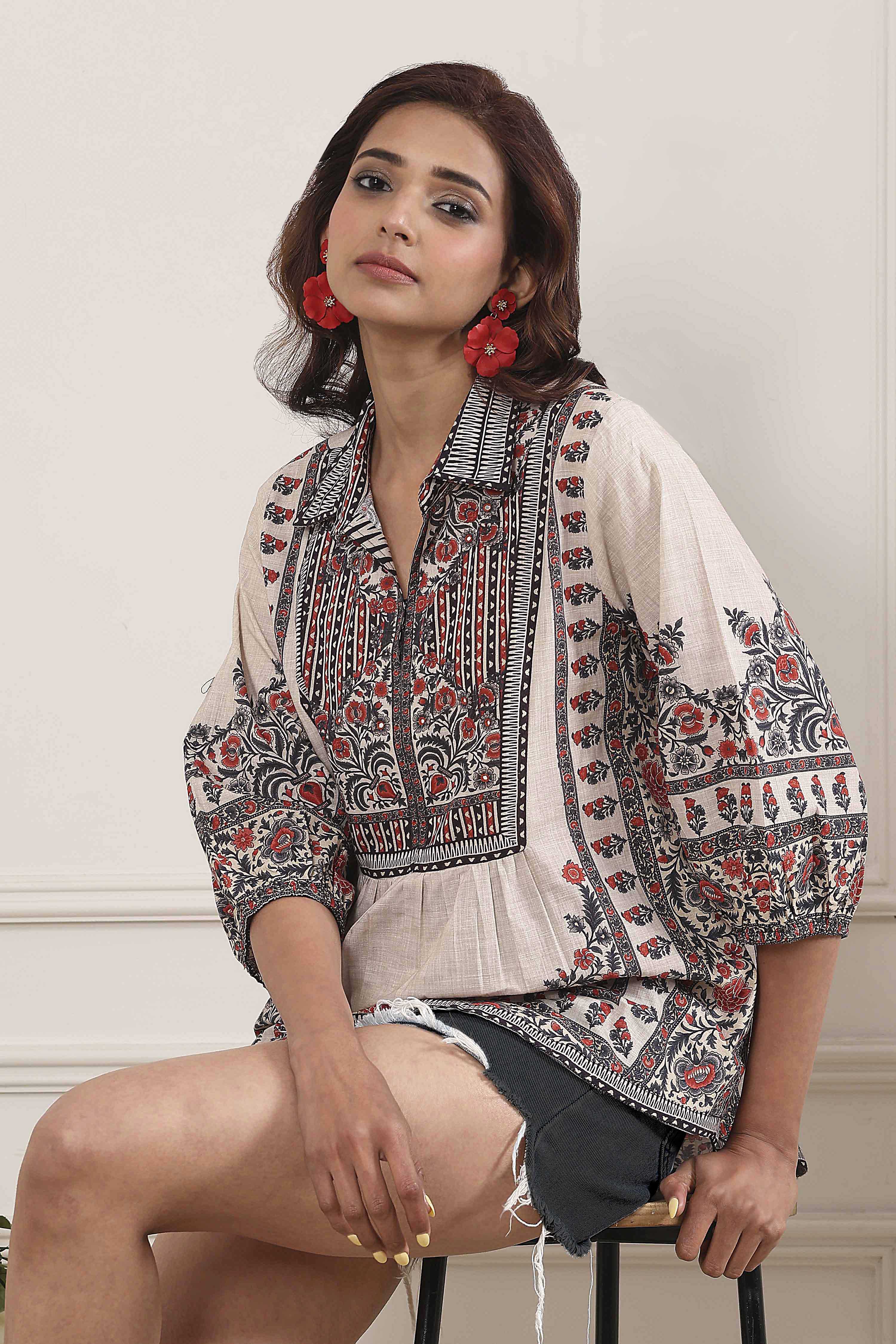 Brown Cotton Printed Straight Short Kurta image number 0