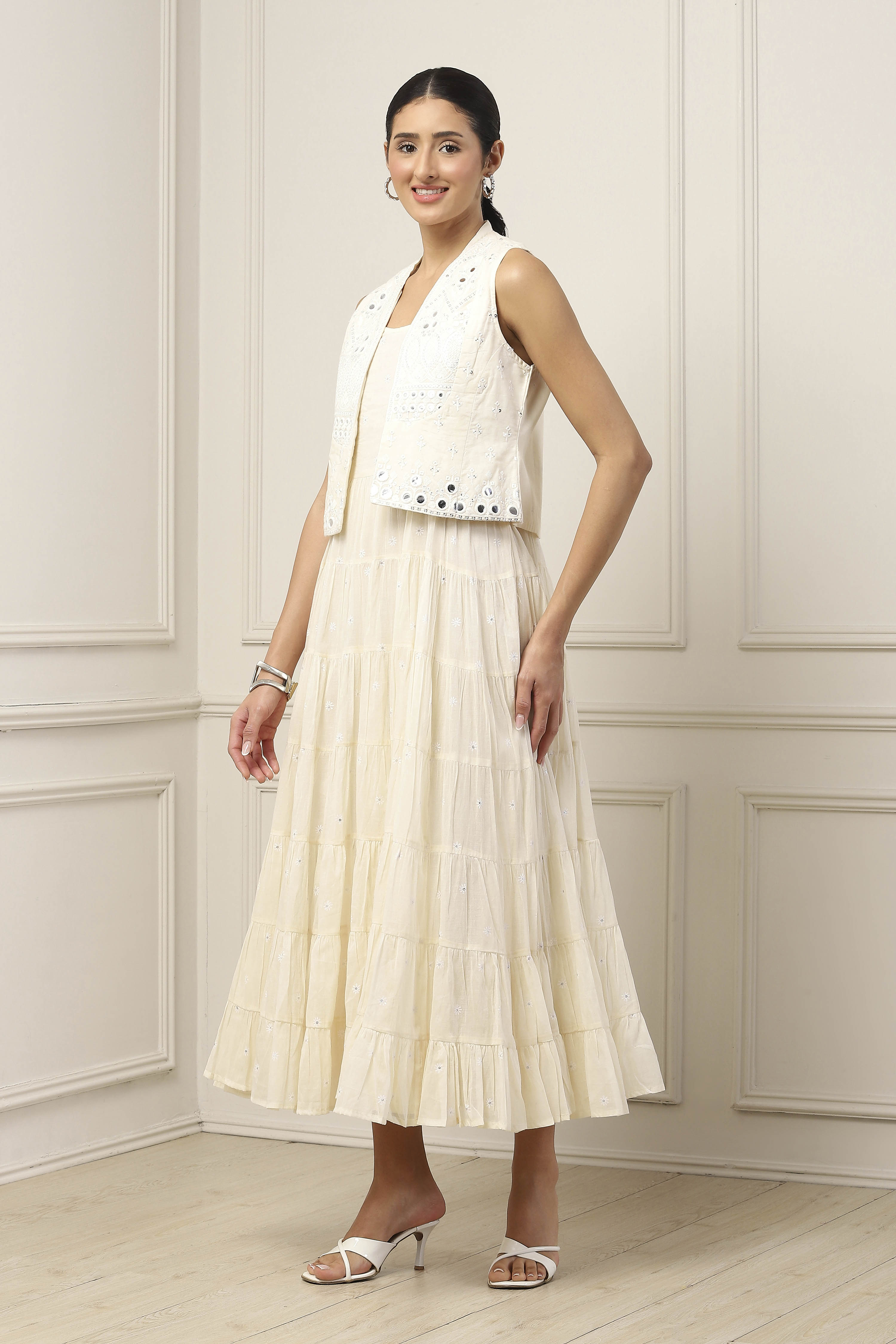 Yellow Cotton Embroidered Tiered Dress With Jacket image number 2