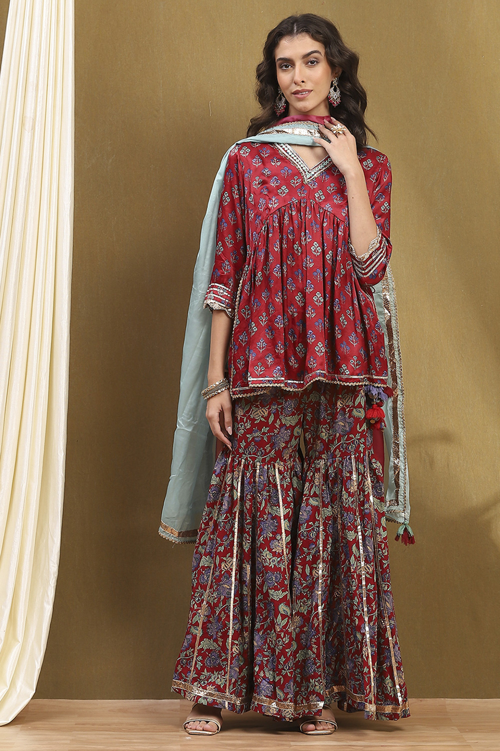 Navy Blue Viscose Floral Peplum Suit Set image number 6