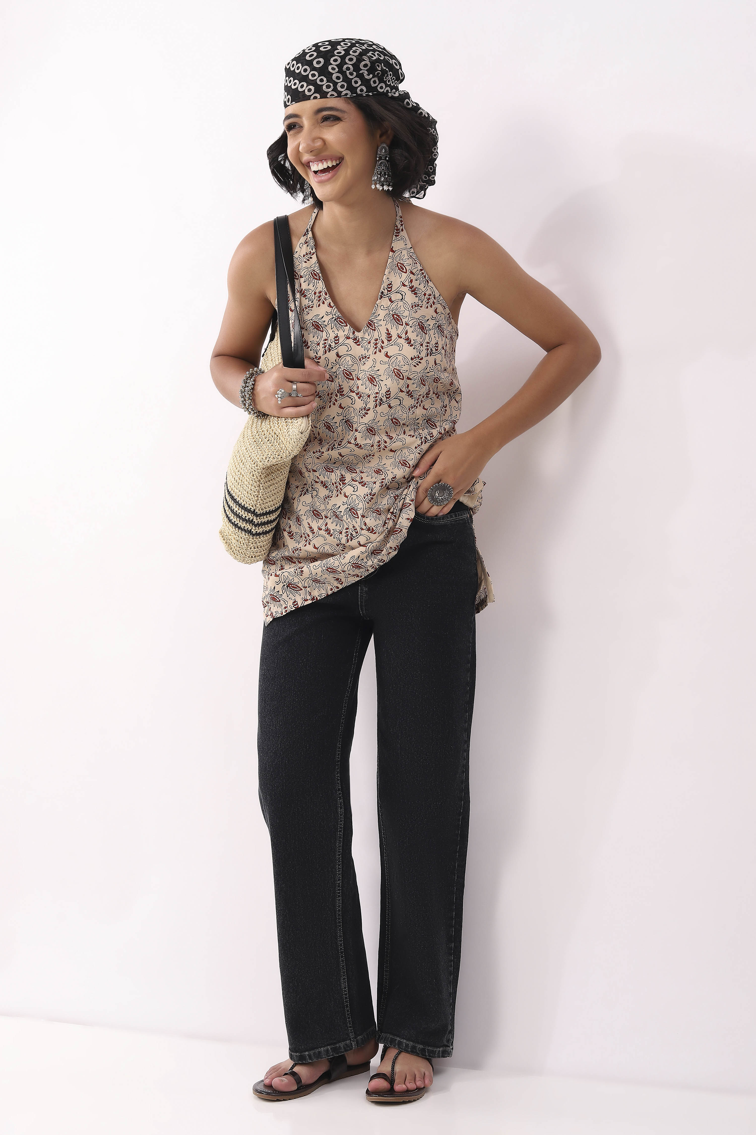 Beige Cotton All-Over Floral Tie-Up Back Kurti image number 0
