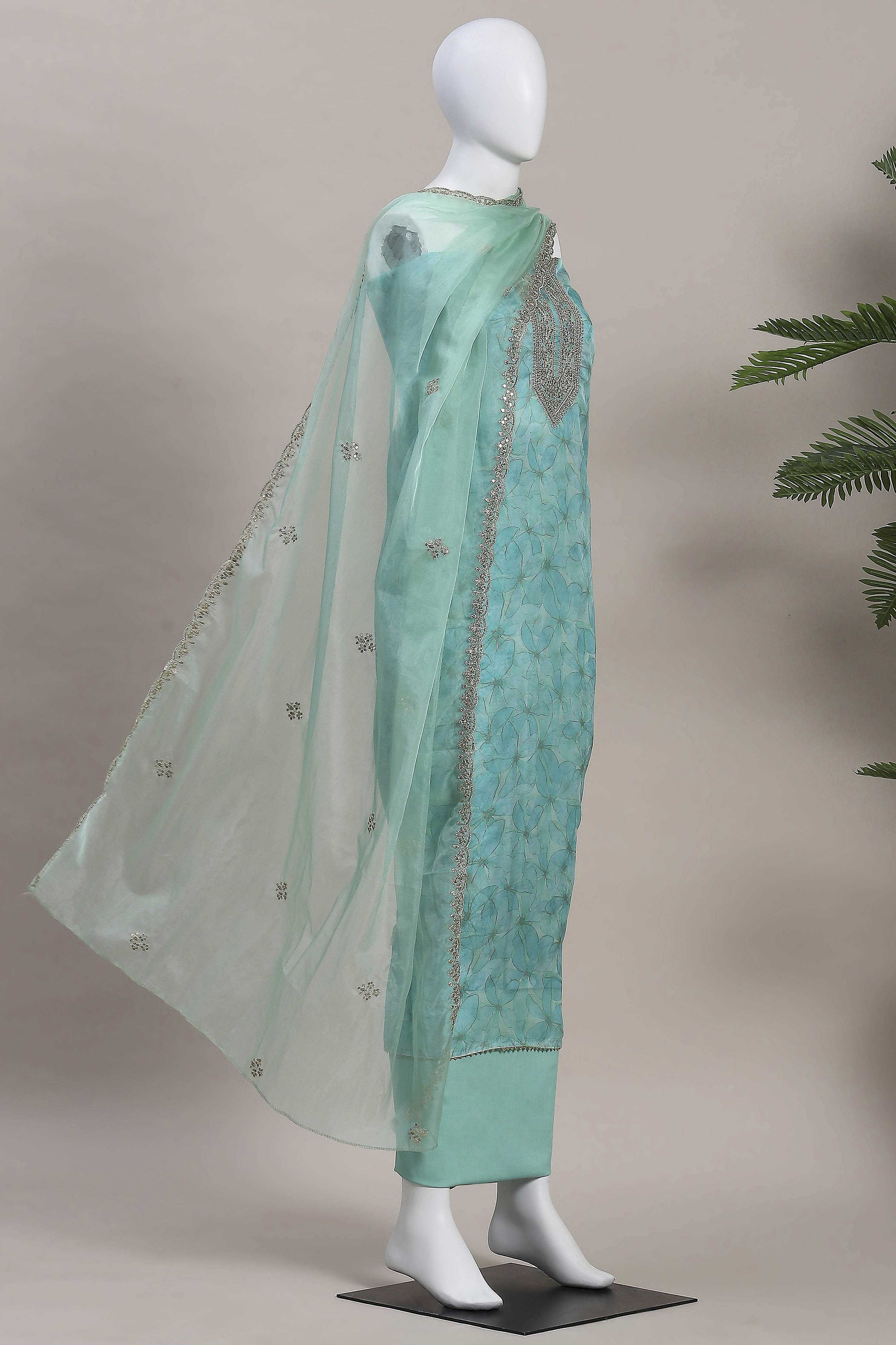 Old-Rose Organza Rajasthani Print Unstitched Suit Set image number 4