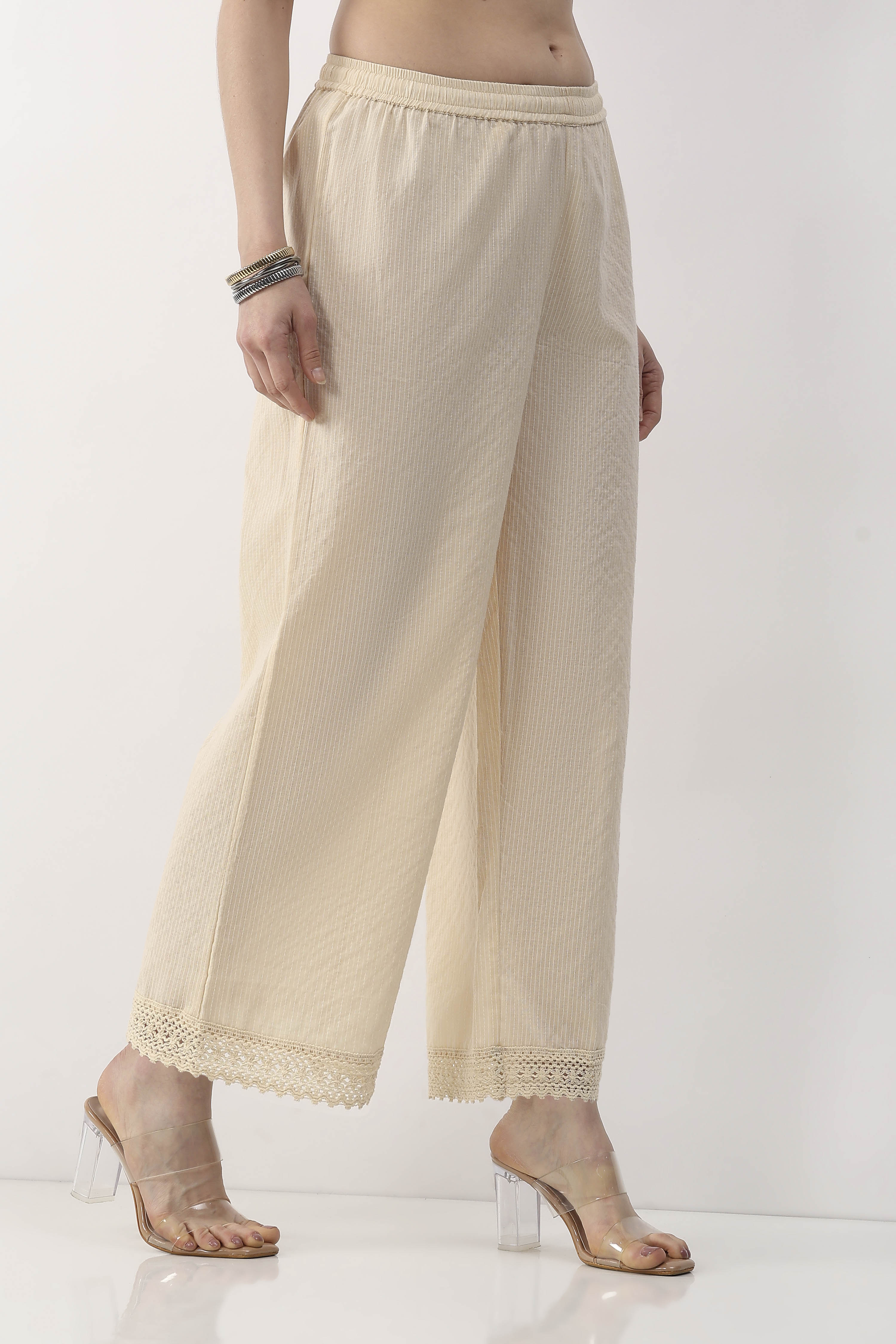 Beige Cotton Lace Trim Straight Palazzos image number 4