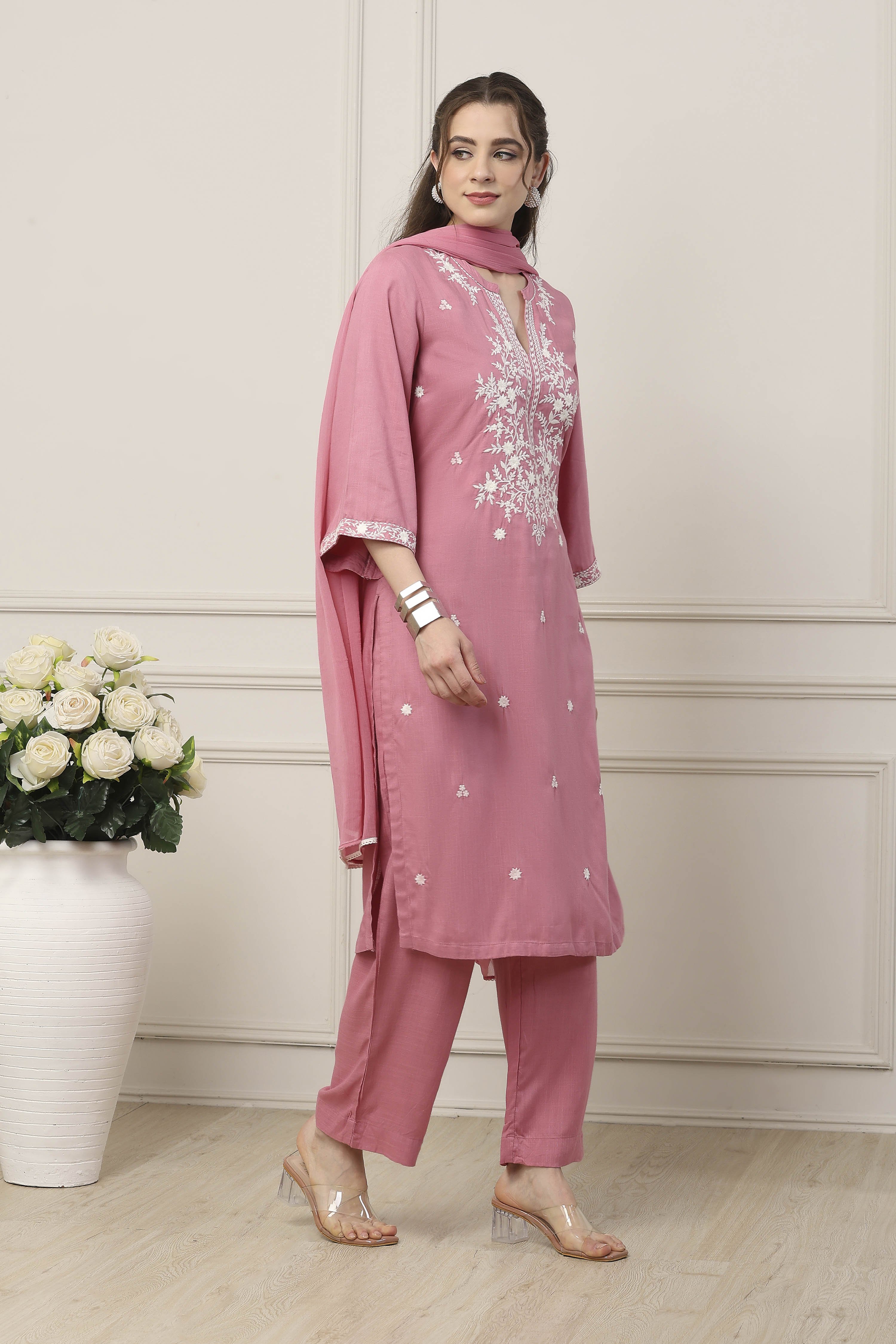 Pink Viscose Floral Embroidered Straight Suit Set image number 5
