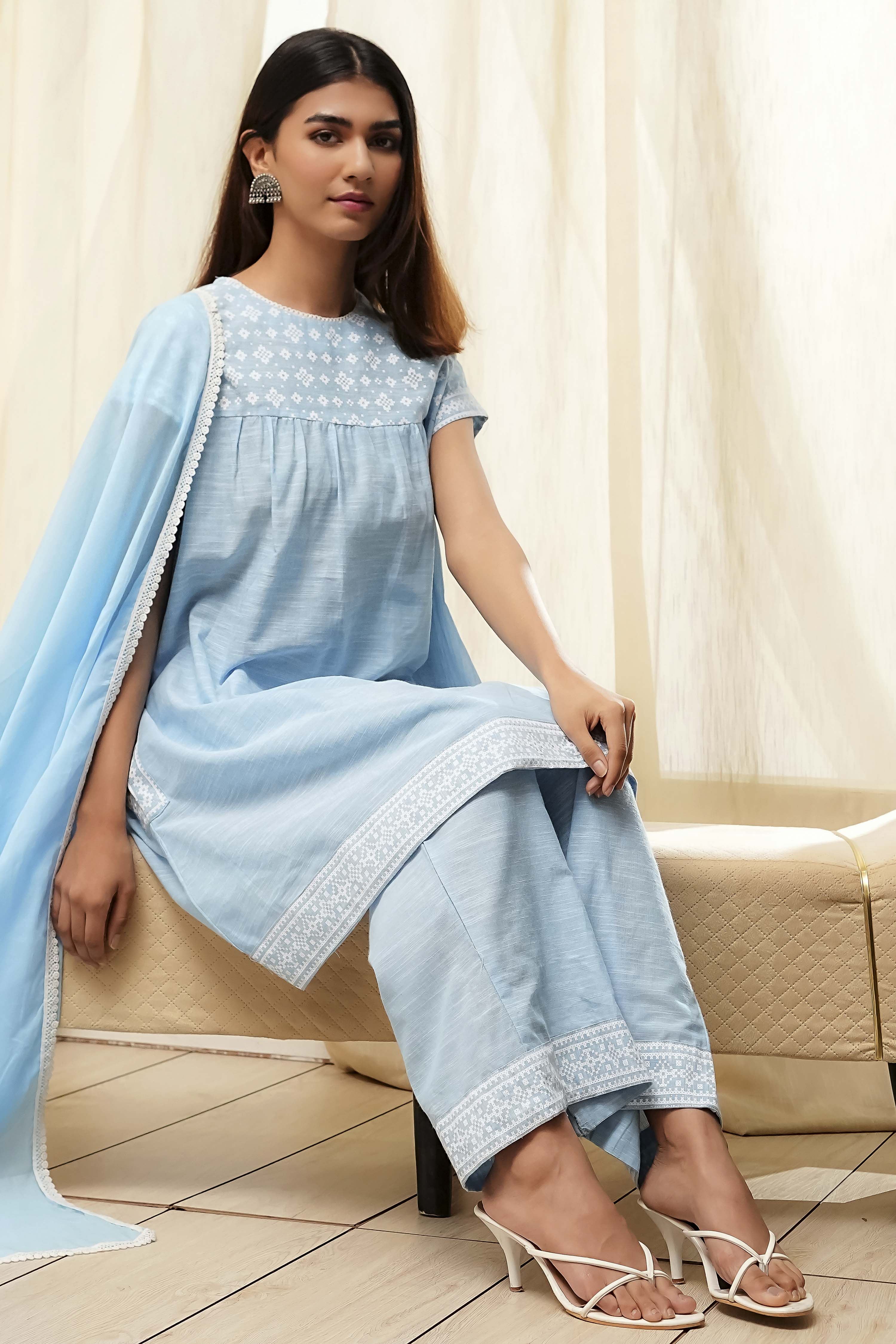 Light Blue Cotton Gathered Suit Set image number 0