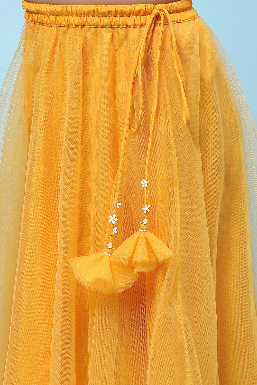 Yellow Poly Chanderi Printed Tasseled Lehenga Set image number 2
