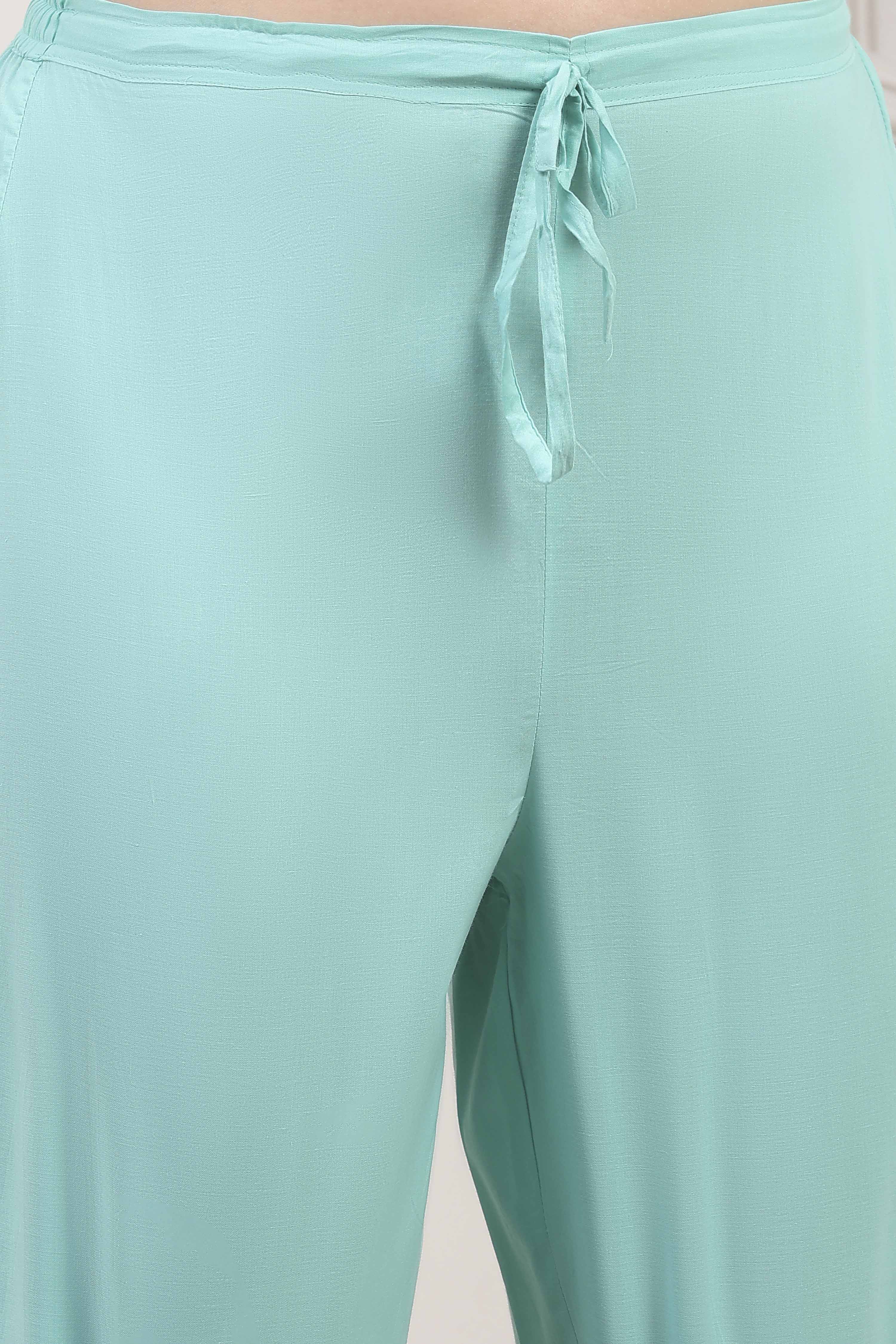 Sea Green Cotton Straight Kurta Pants Suit Set image number 2