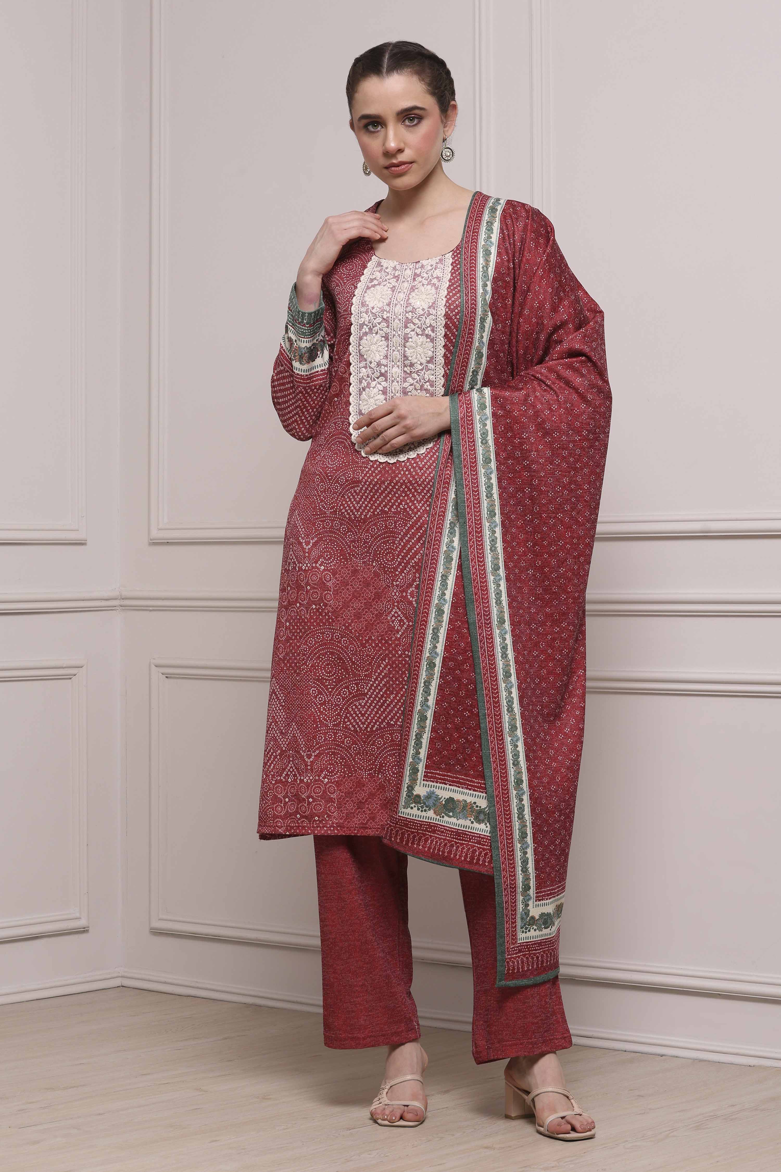 Black Printed Straight Winter Suit Set image number 6