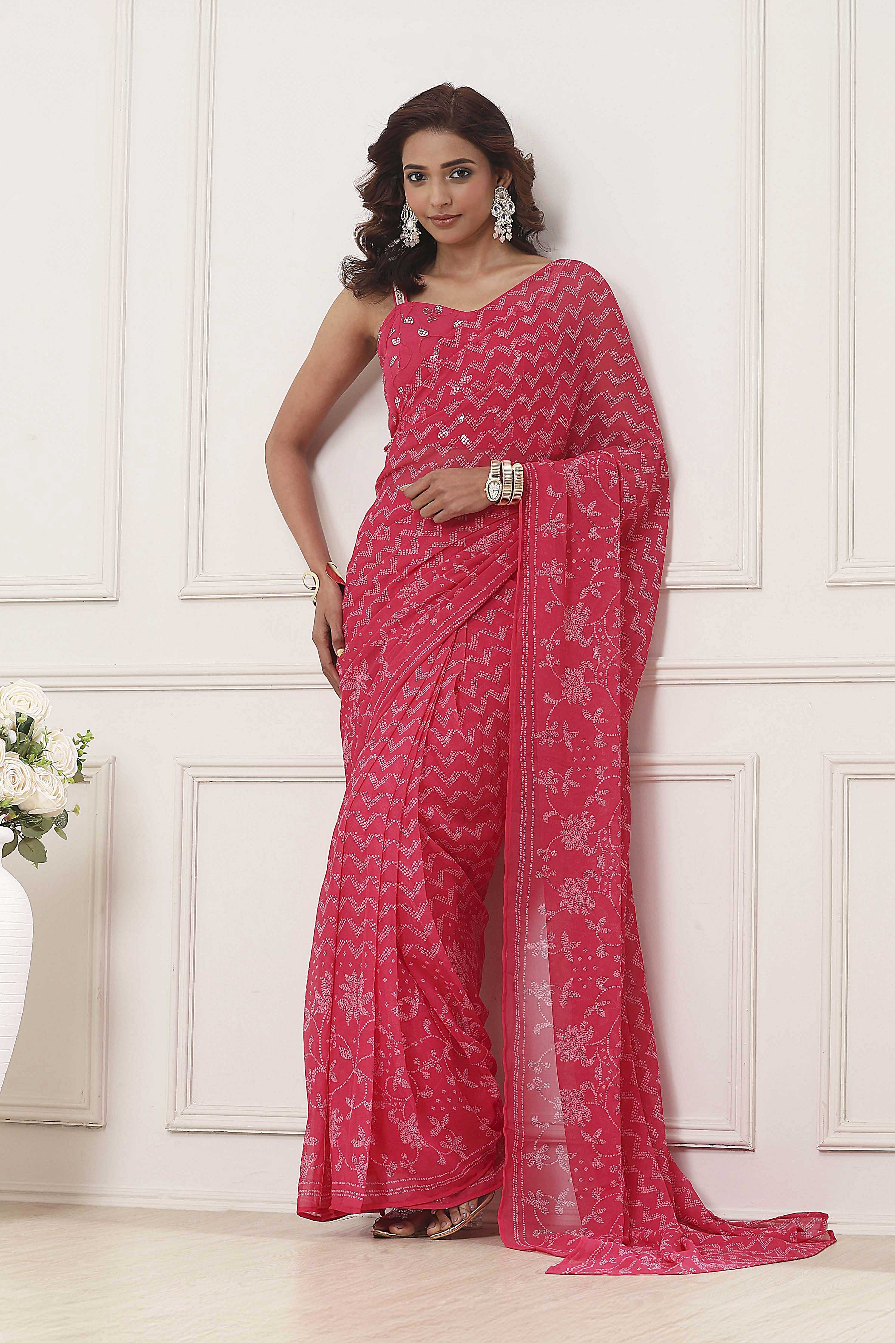Pink Poly Georgette Printed Saree With Blouse image number 6