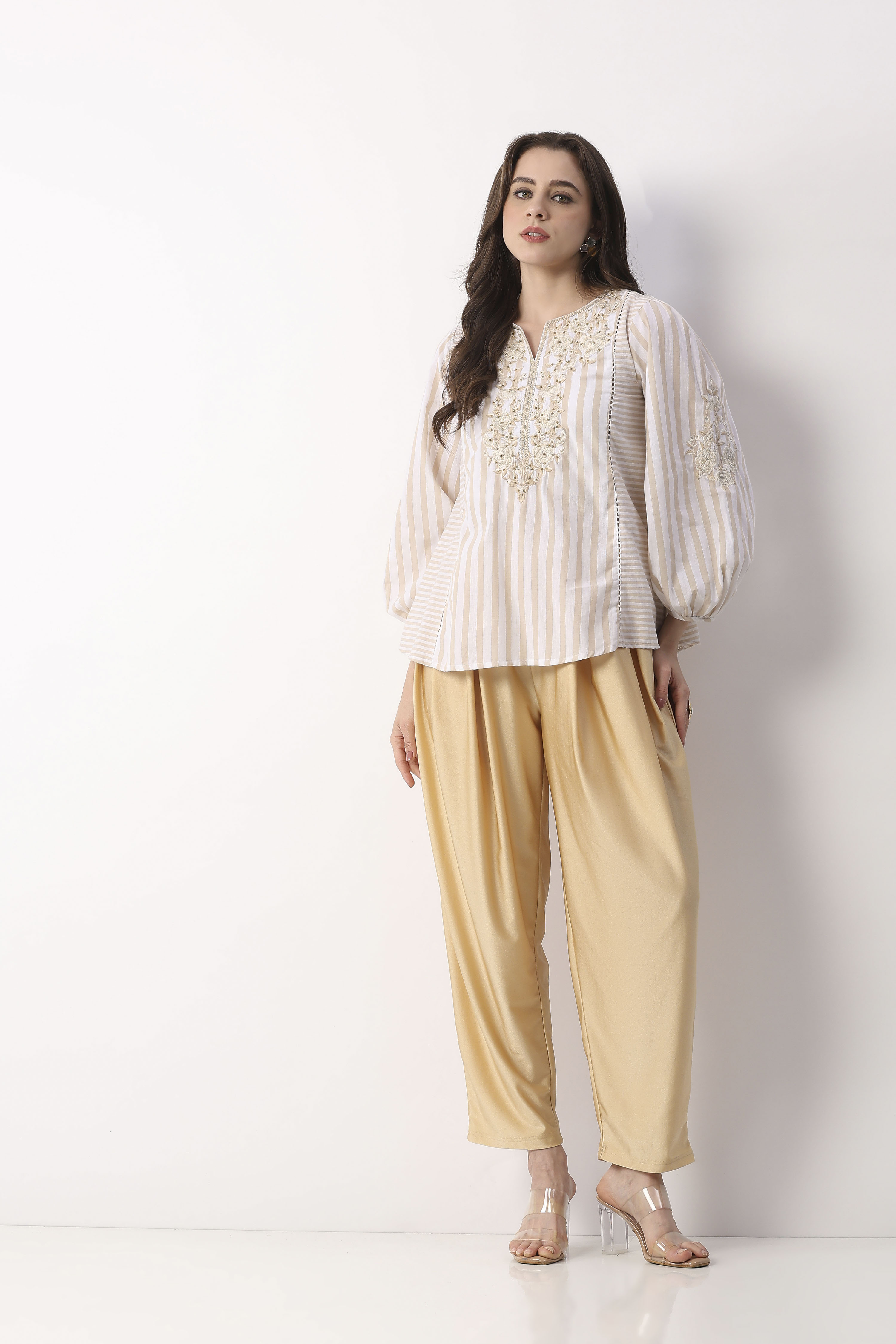 Gold-Toned Viscose Lycra Pleated Straight Palazzo image number 0
