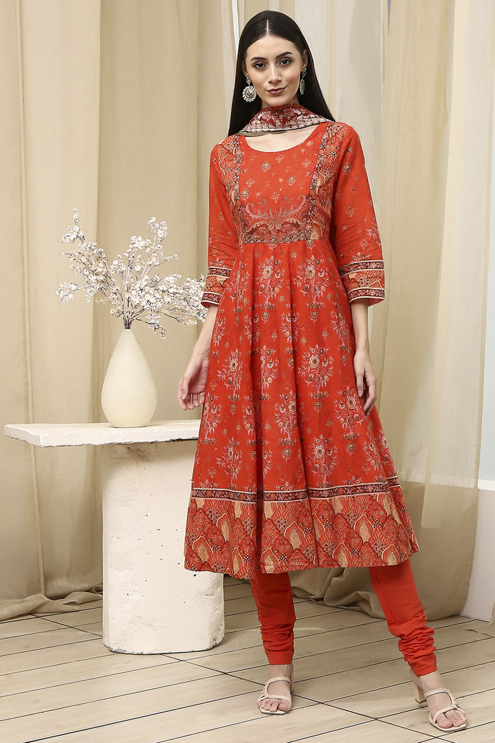 Blue Cotton Printed Anarkali Suit Set image number 6