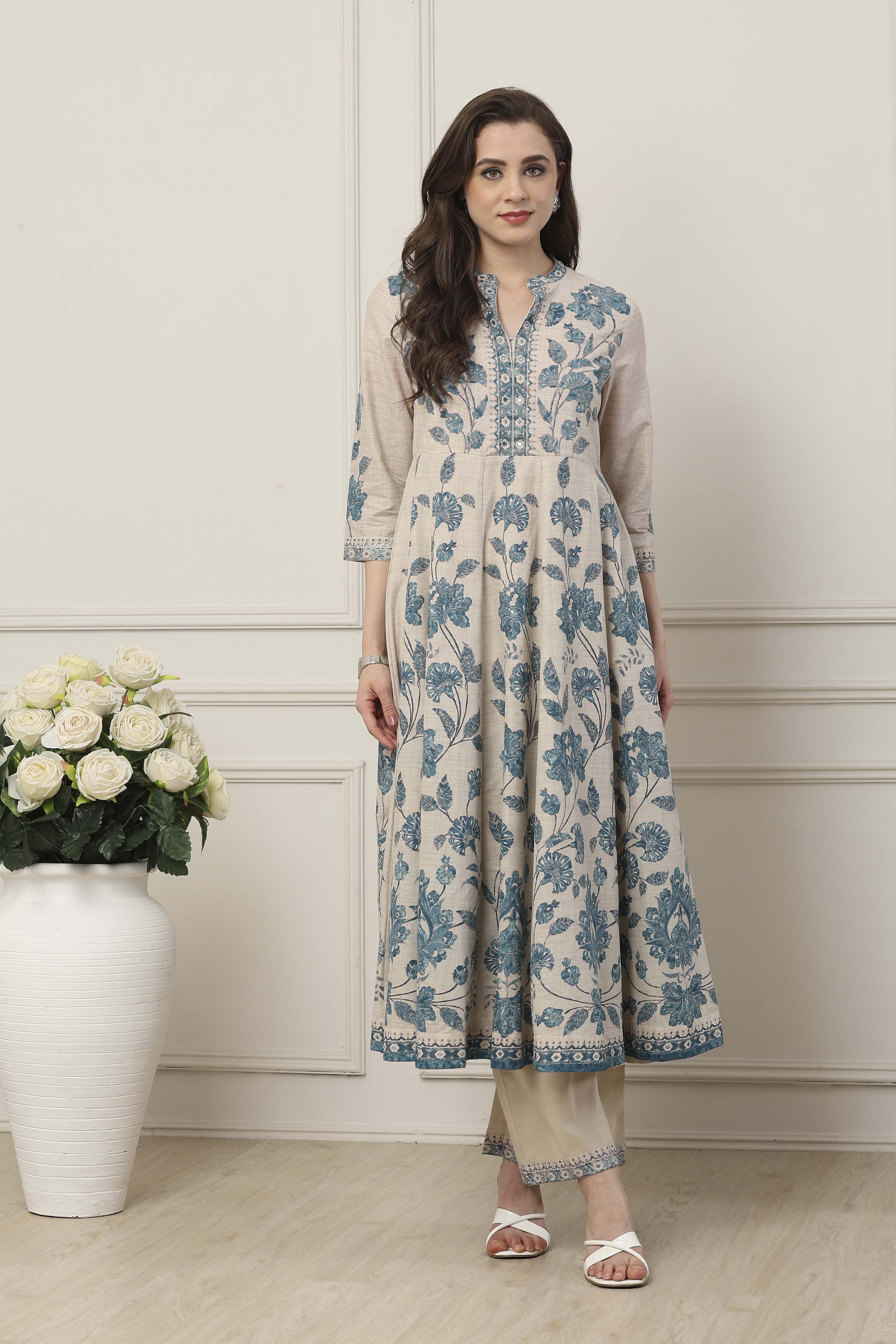Blue Cotton All-Over Floral Anarkali Suit Set image number 6