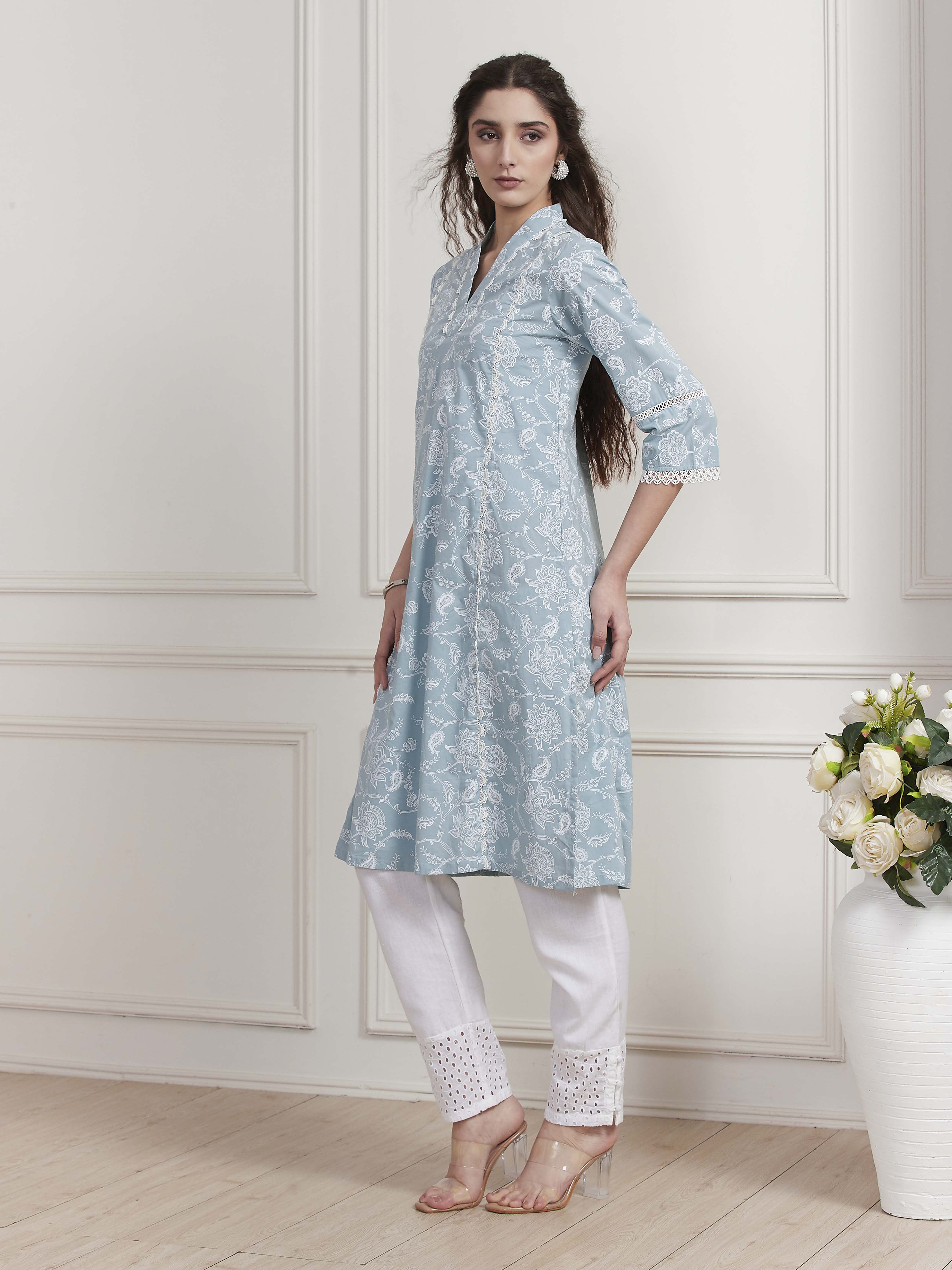 Blue Cotton Printed Straight Kurta image number 2