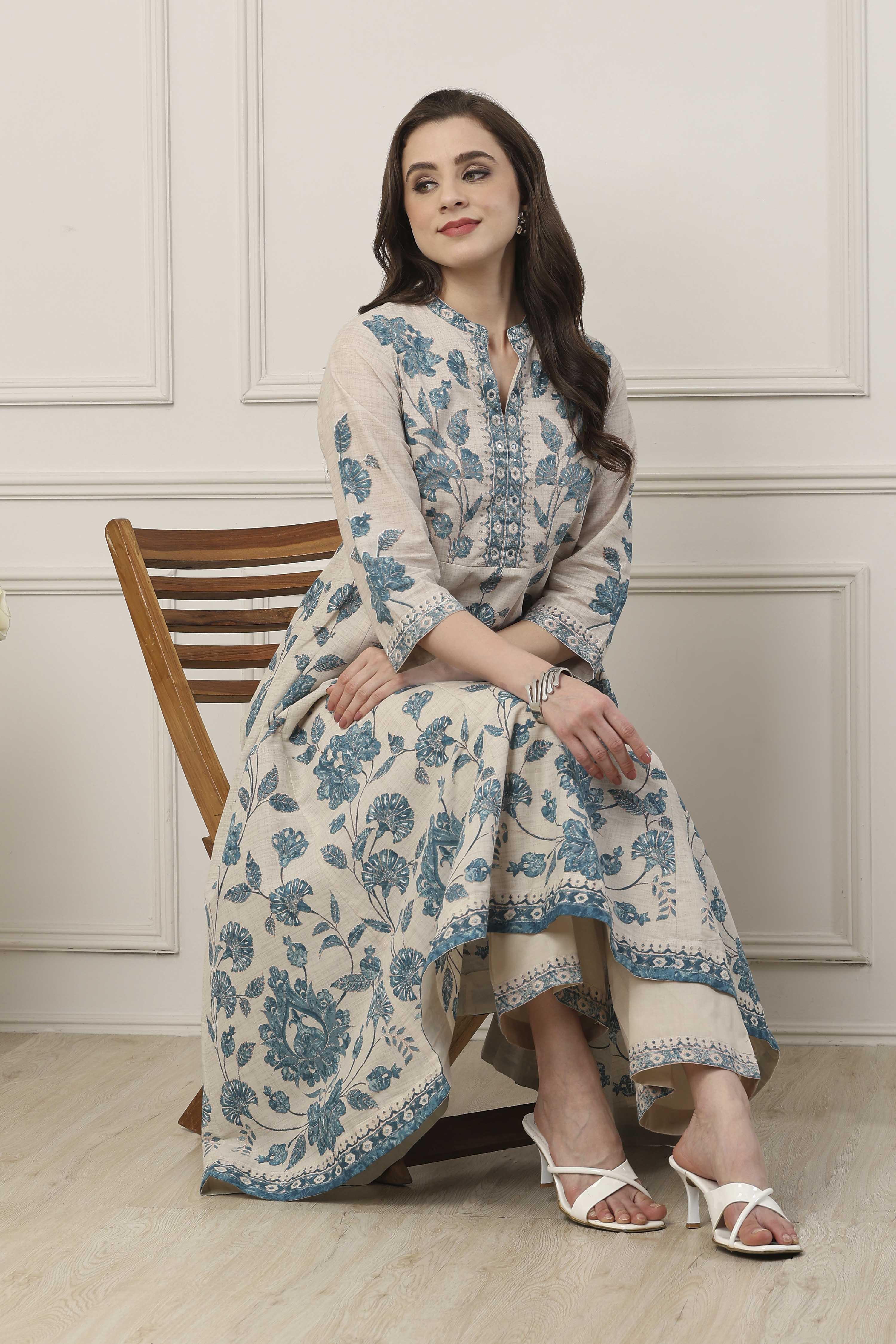 Blue Cotton All-Over Floral Anarkali Suit Set image number 0