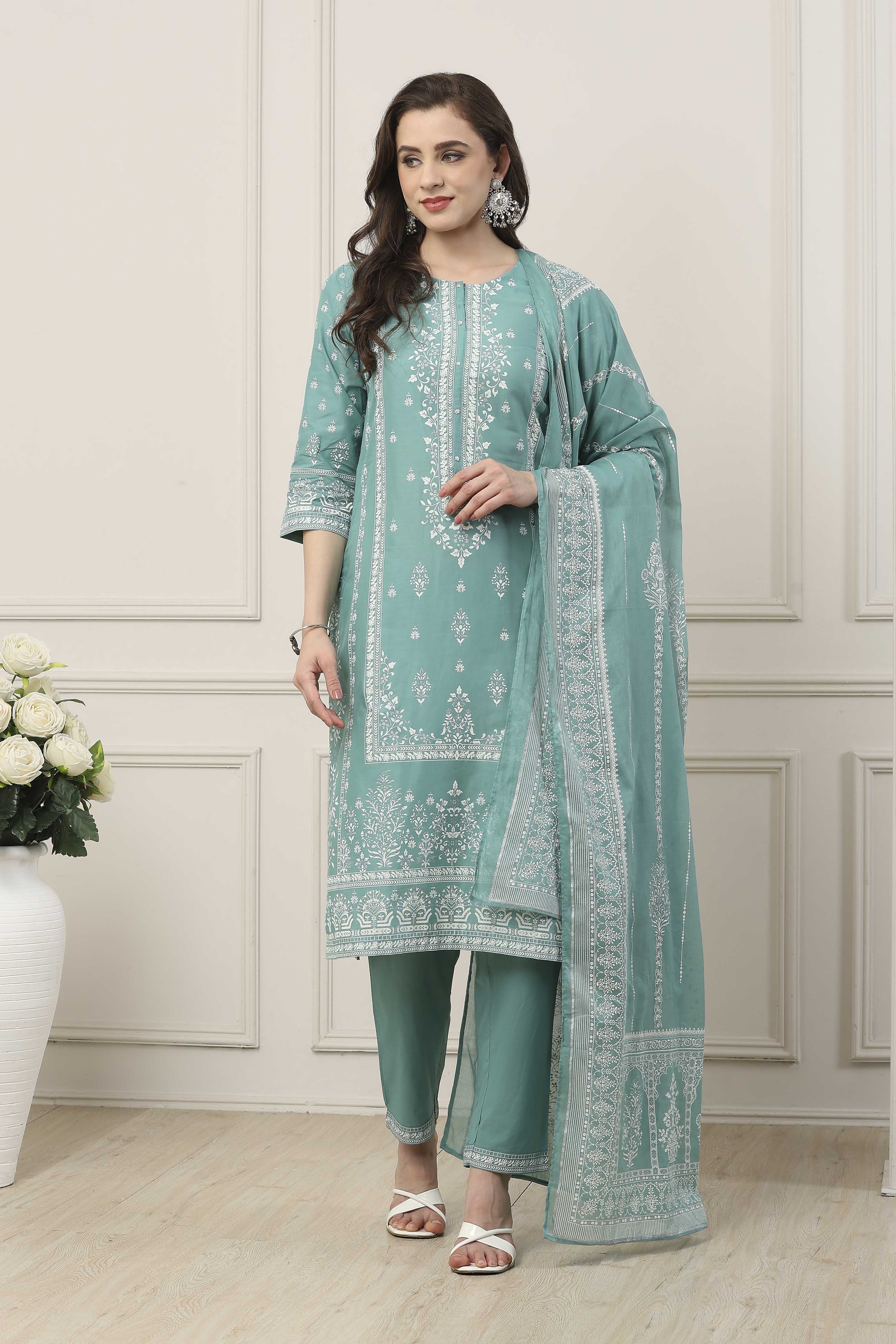 Turquoise Blue Cotton Floral Printed Straight Suit Set image number 0