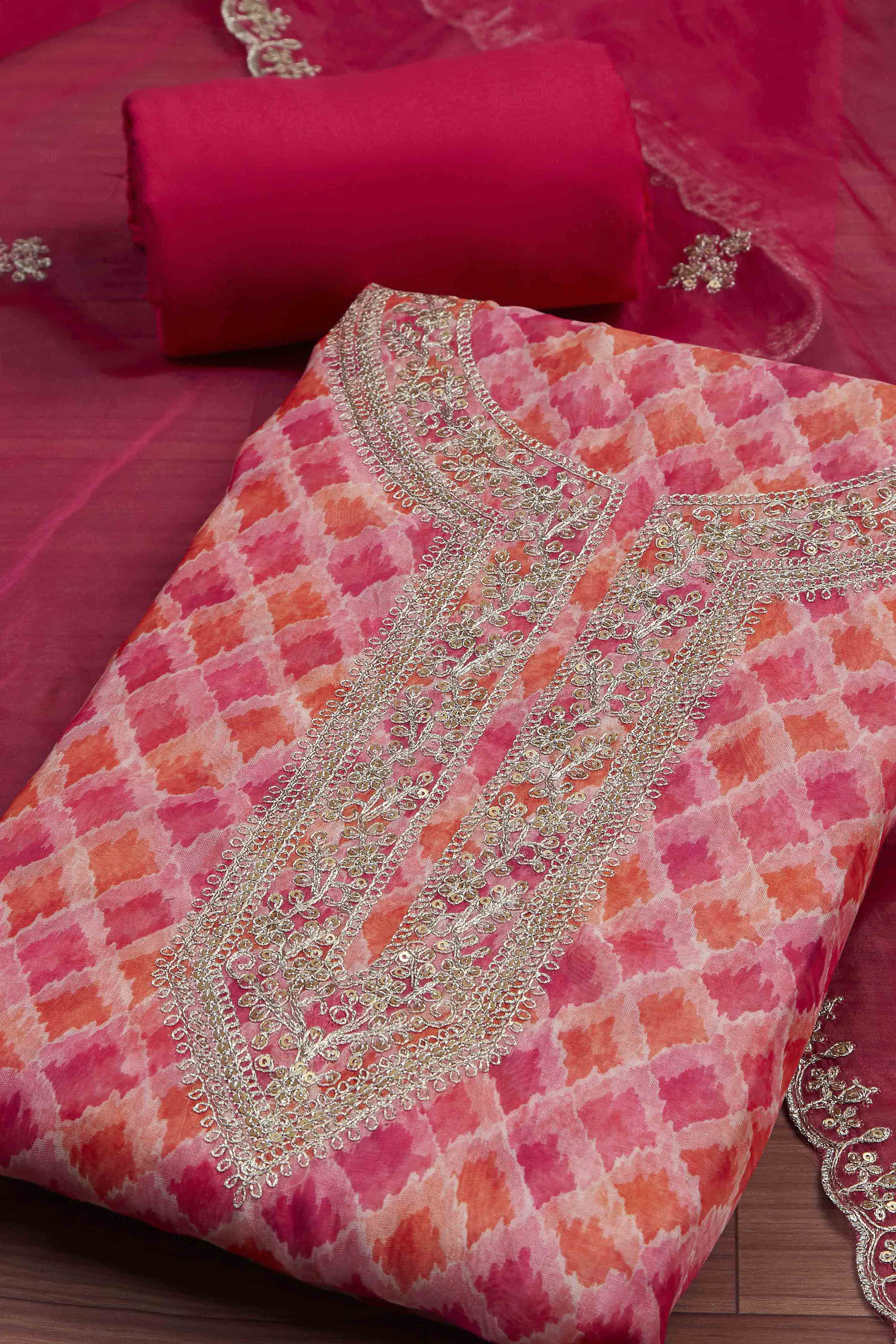 Yellow Organza Rajasthani Print Unstitched Suit Set image number 1