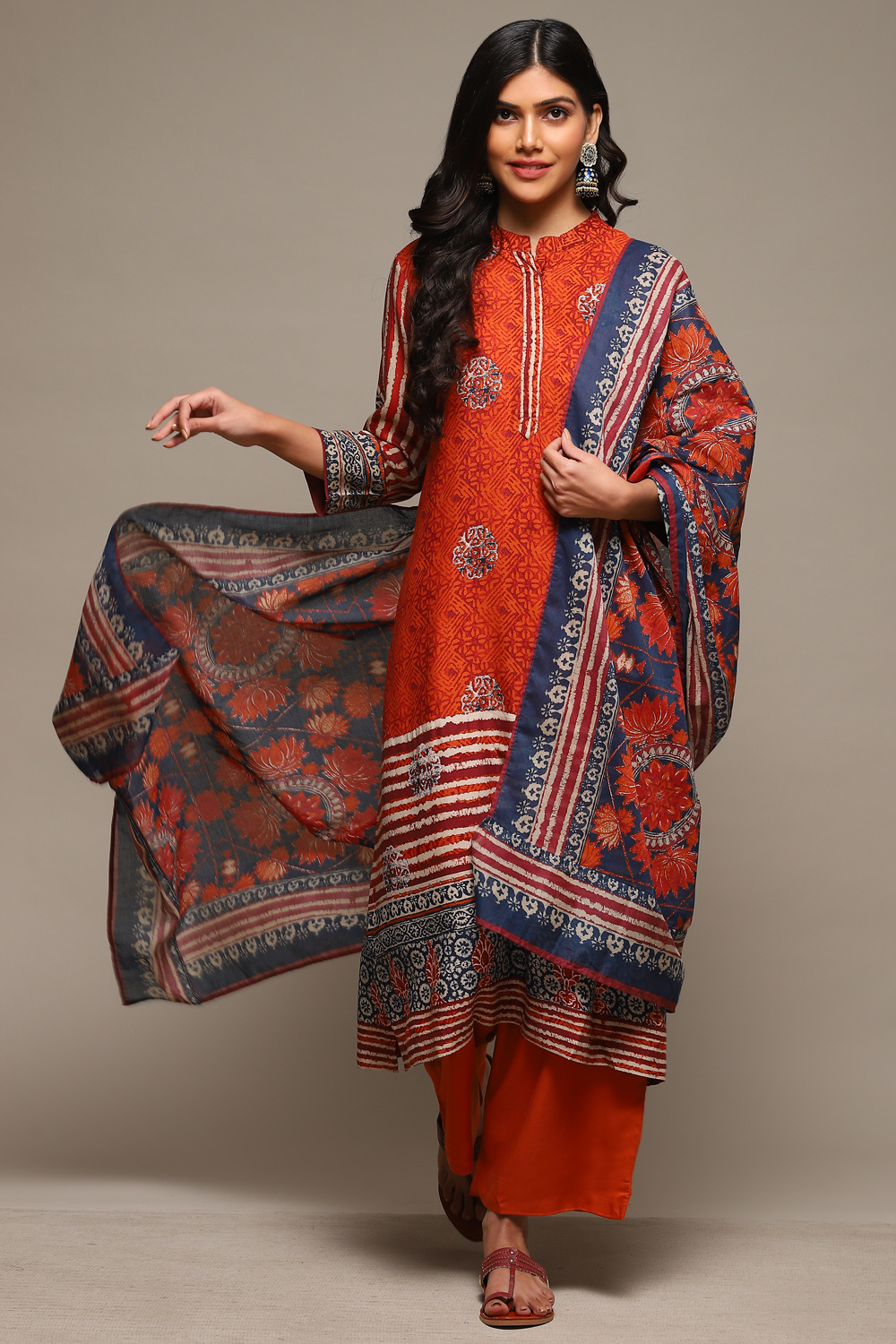 Rust & Indigo Rayon Straight Kurta Palazzo Suit Set image number 0