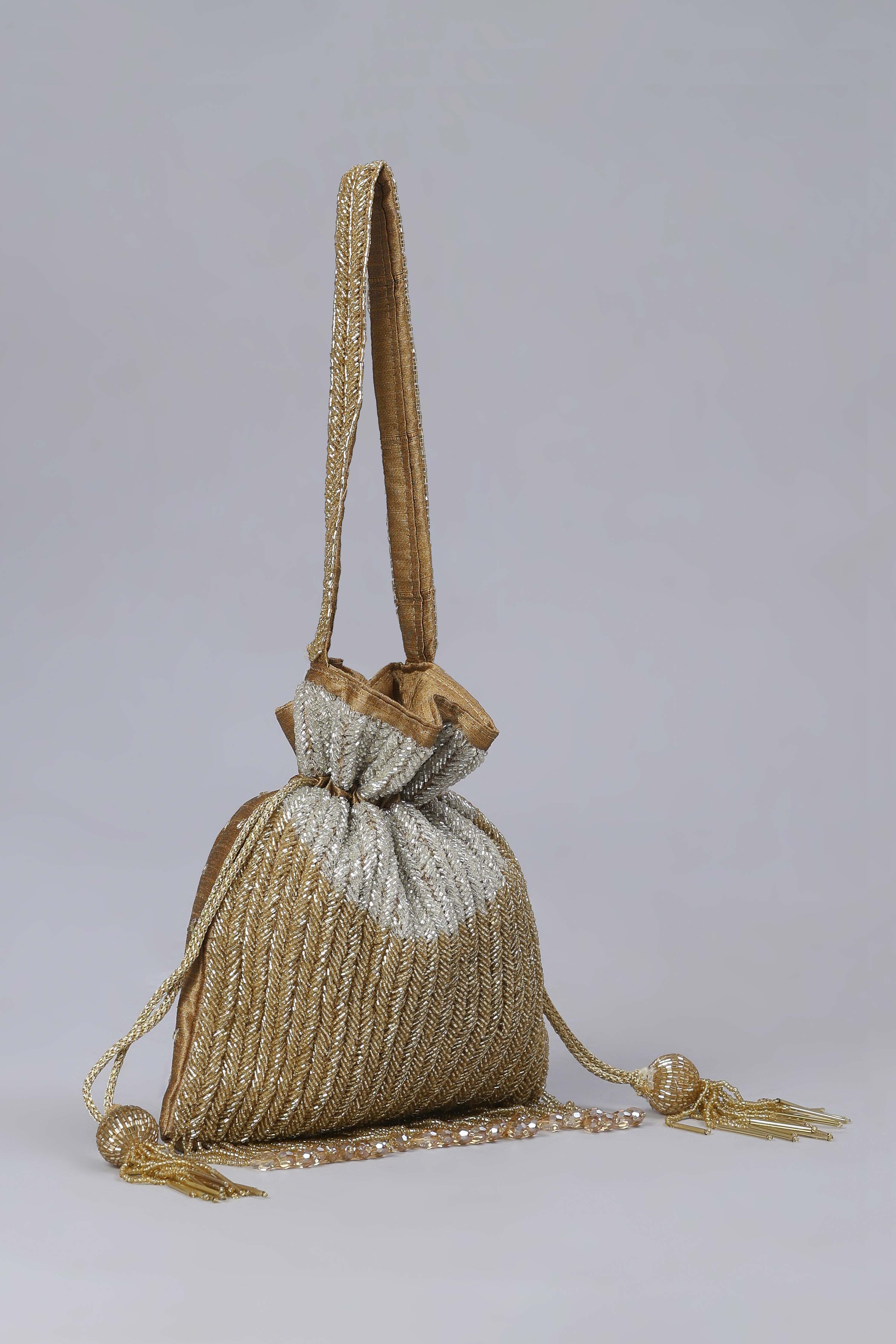 Gold & Silver Toned Fabric Embellished Potli image number 3