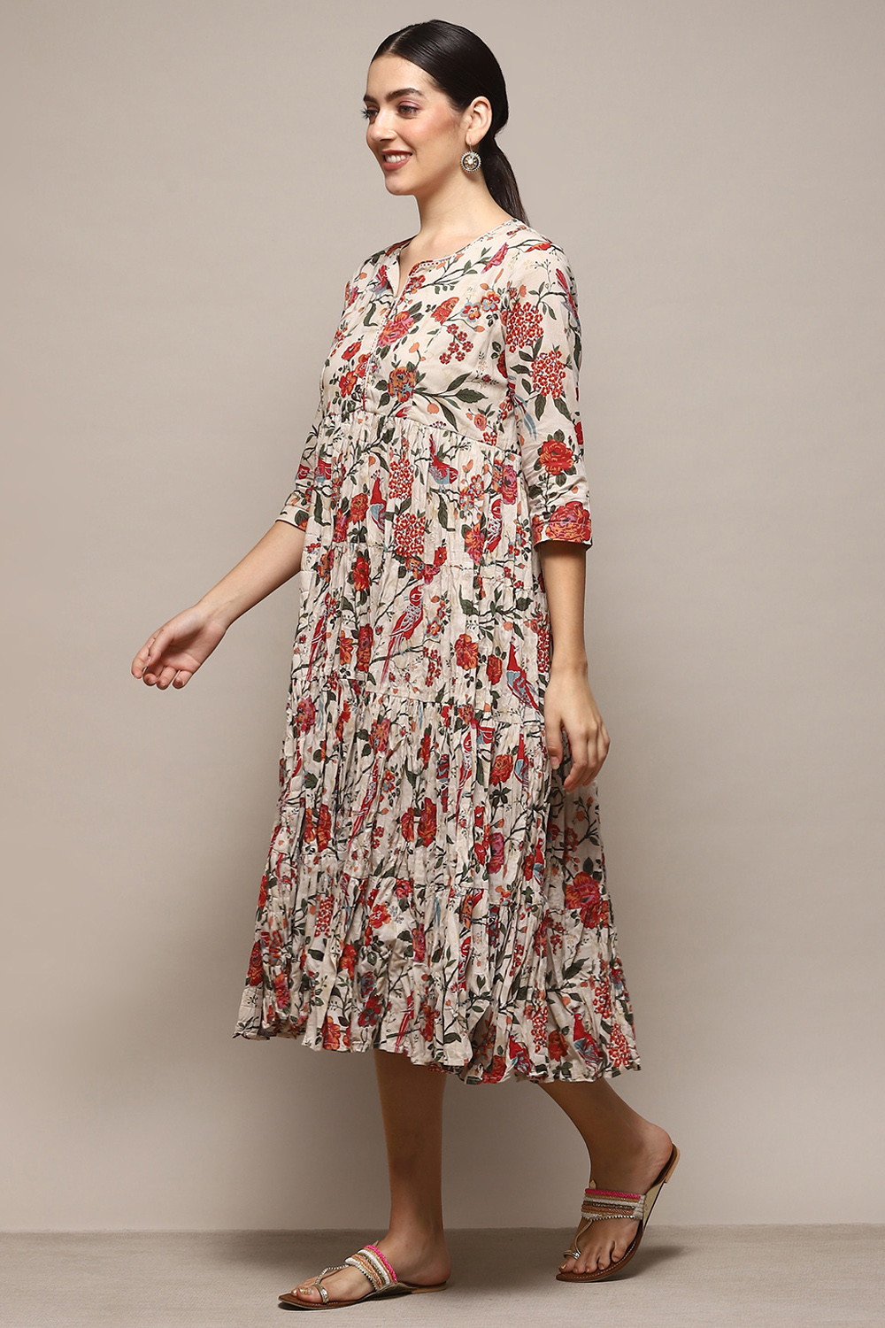Green & Maroon Cotton Flared Printed Dress image number 3