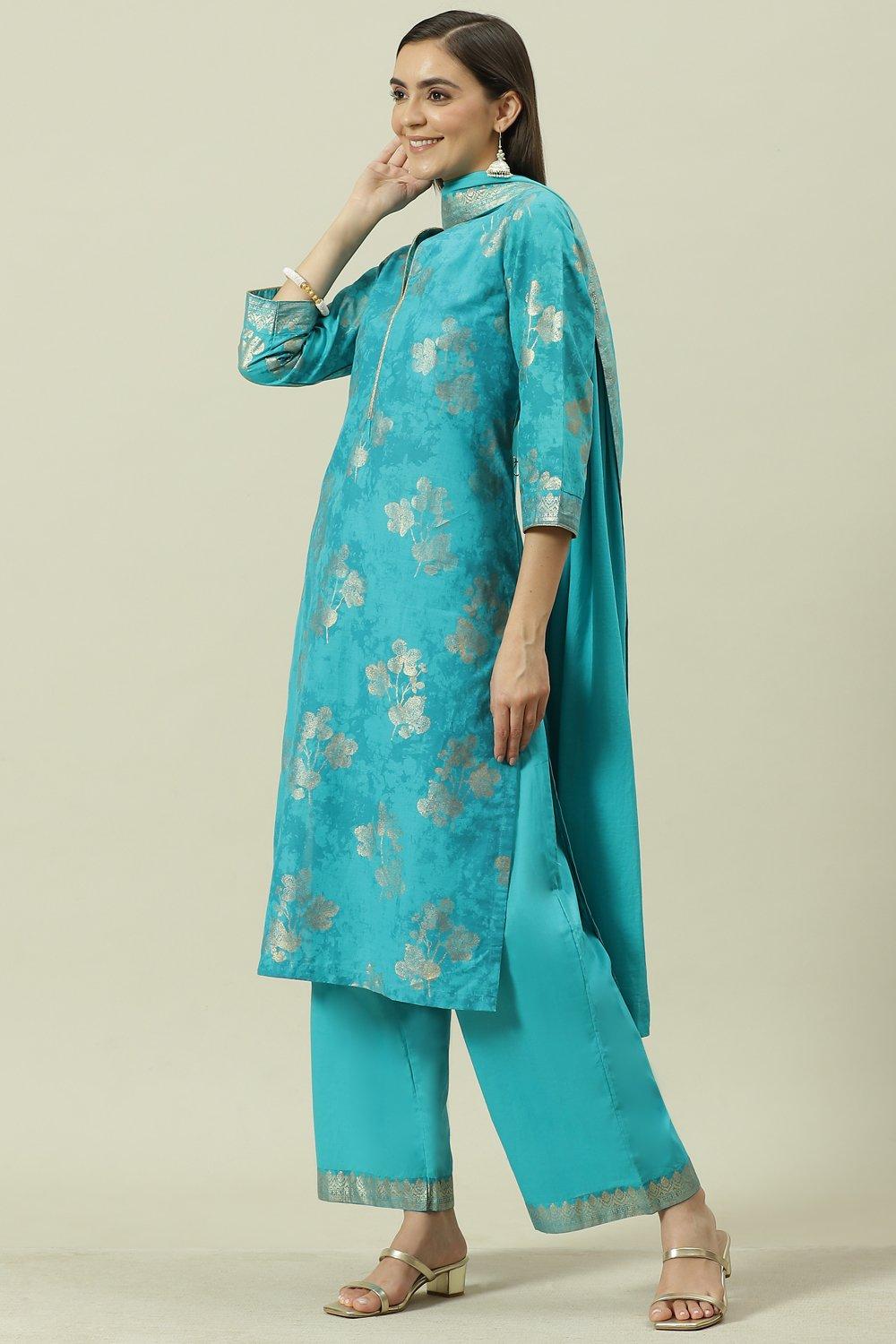 Mehndi Printed Cotton Straight Kurta Palazzo Suit Set image number 5
