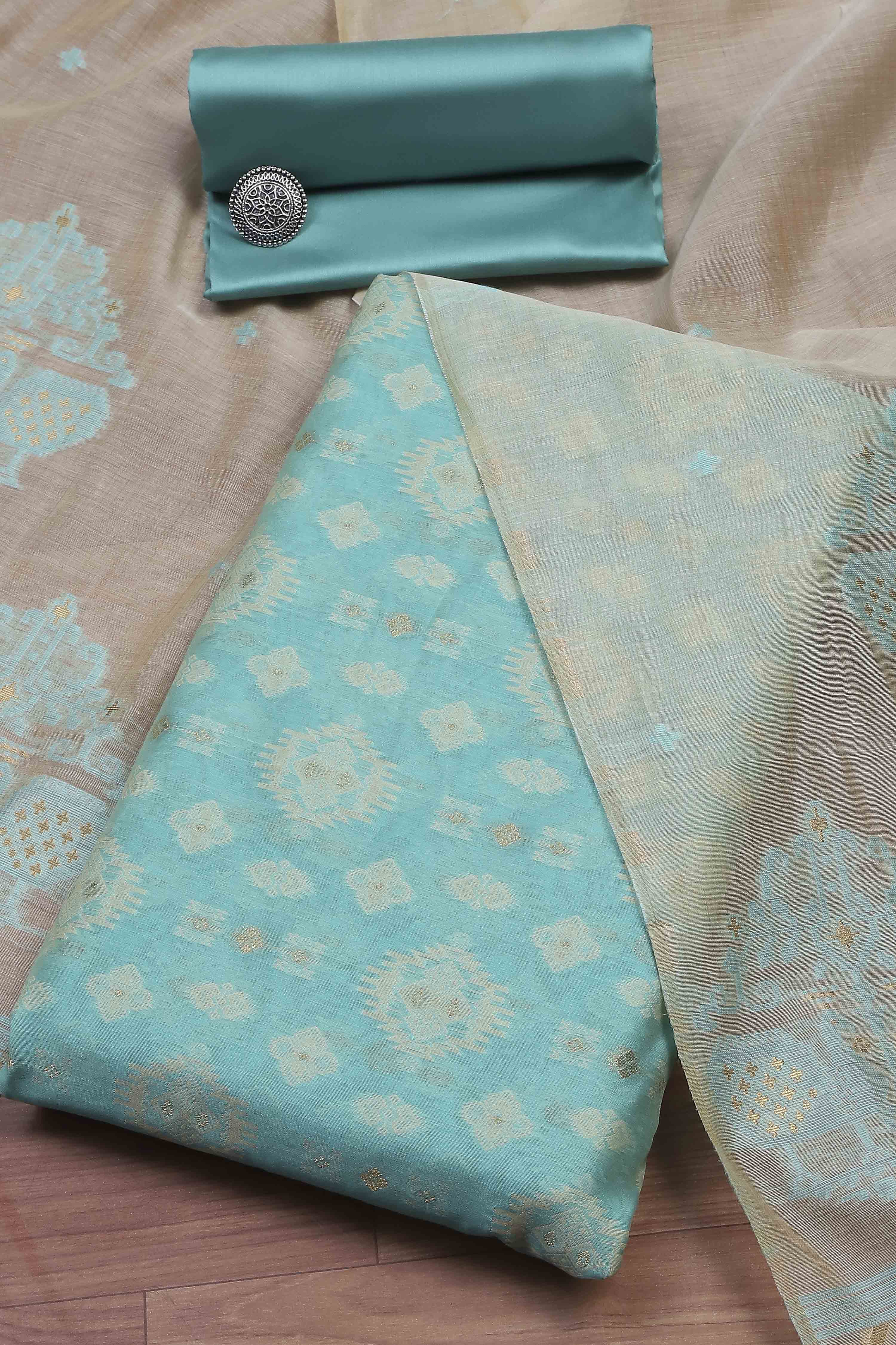 Green Cotton Jamdani Unstitched Suit Set image number 0