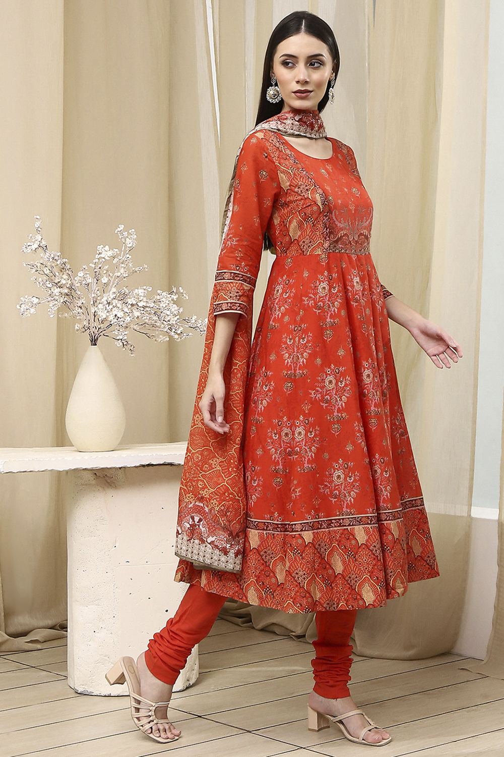 Blue Cotton Printed Anarkali Suit Set image number 5