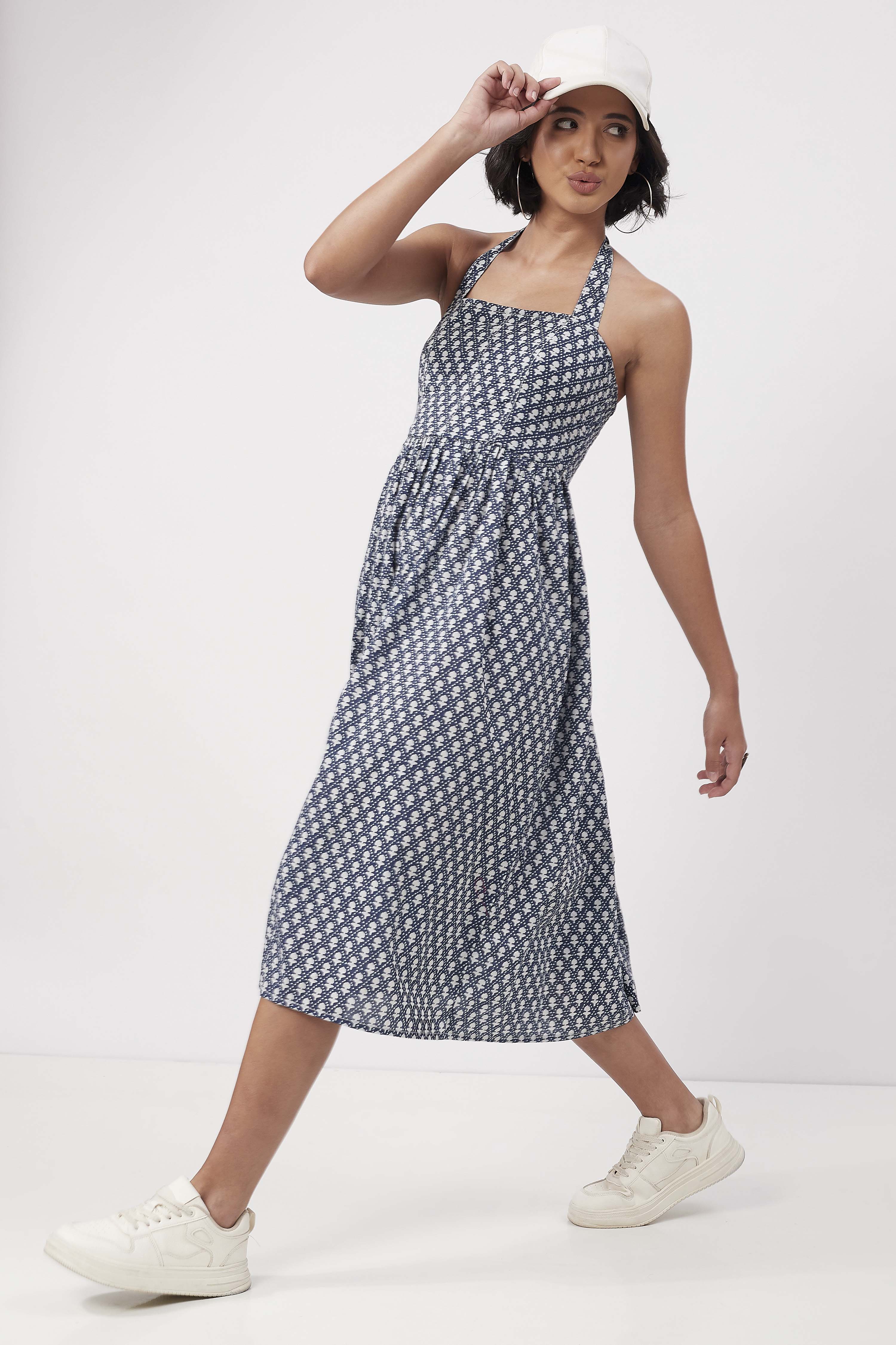 Indigo Cotton Ethnic Motif Printed Halter Midi Dress image number 0