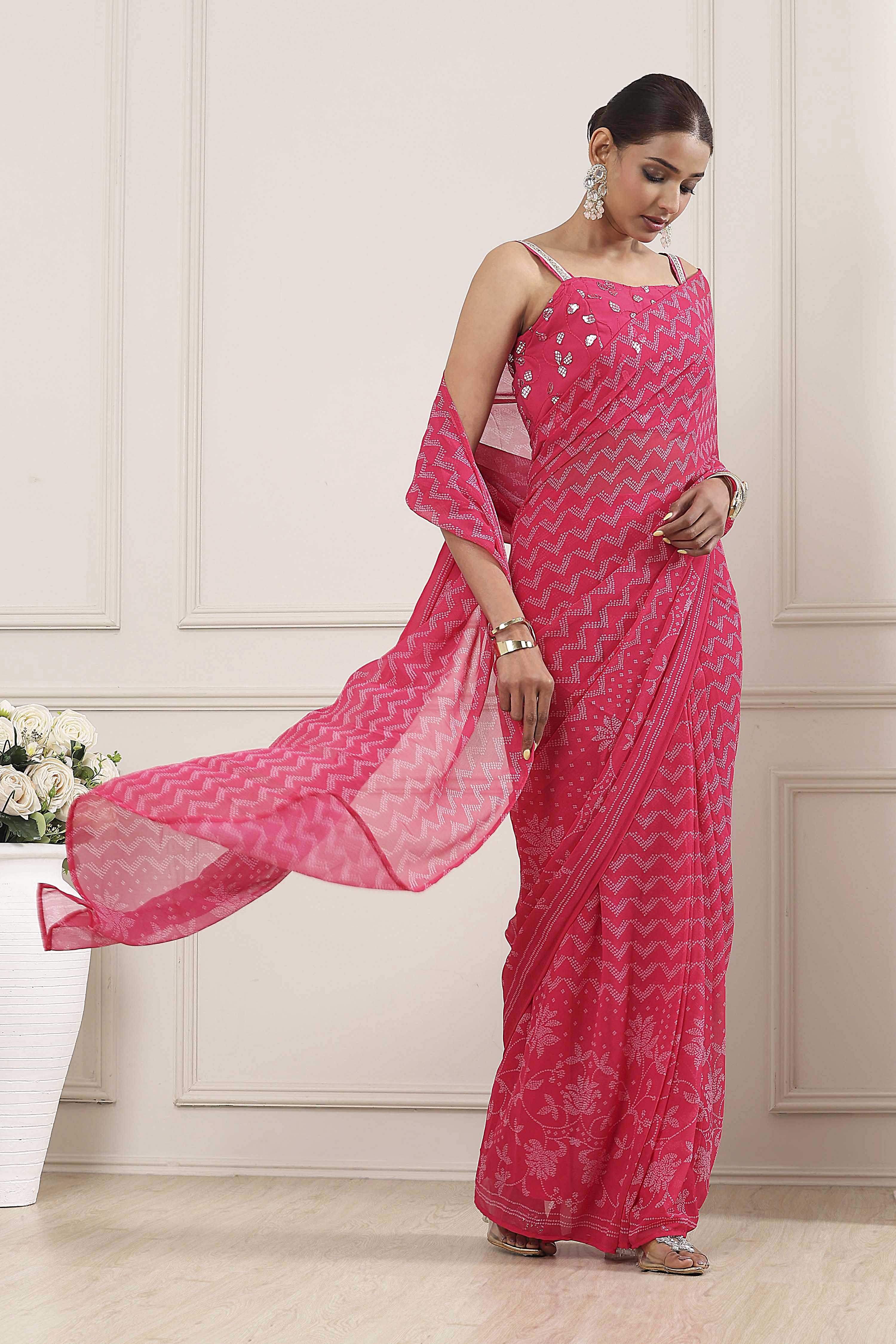 Pink Poly Georgette Printed Saree With Blouse image number 0