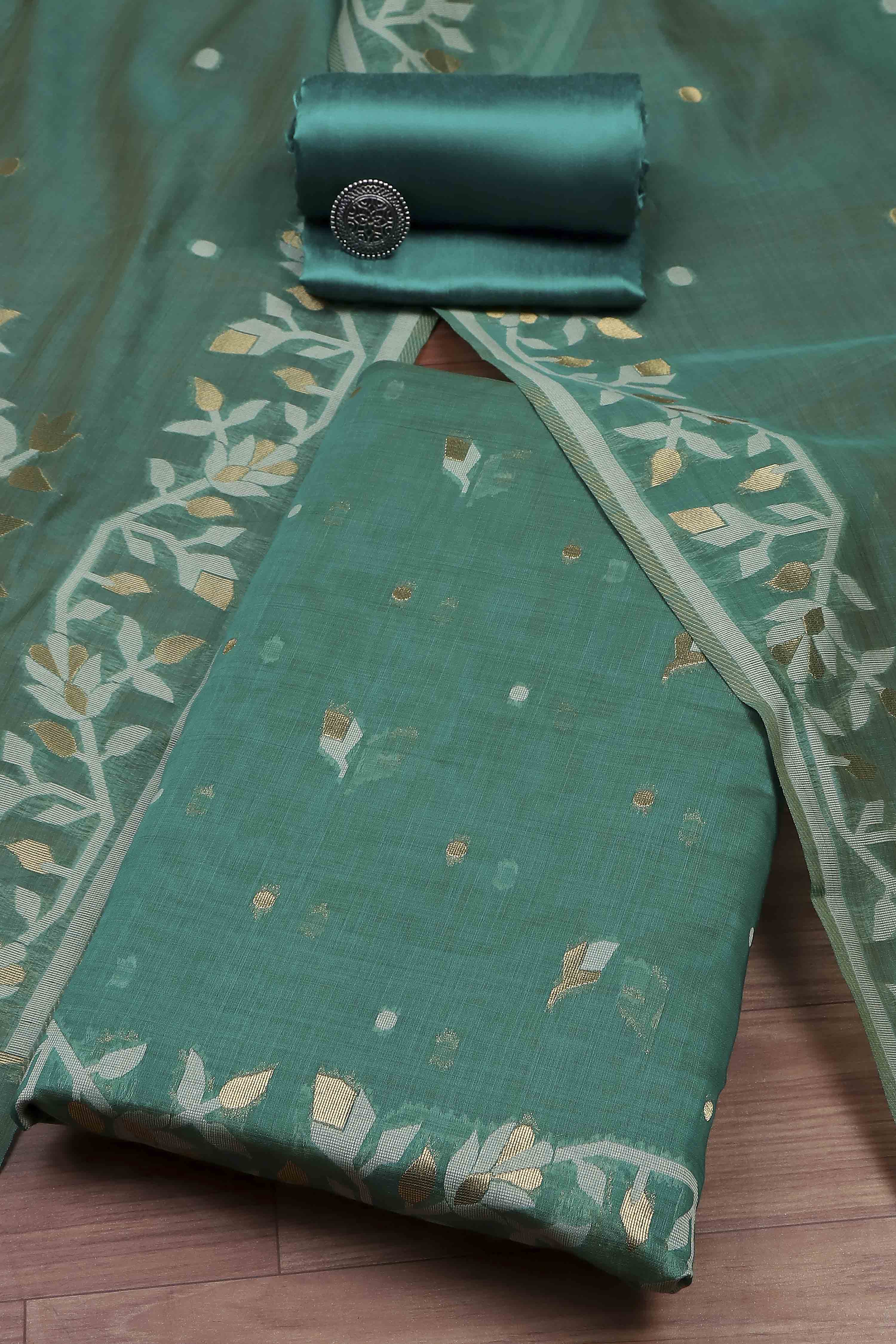 Green Cotton Jamdani Unstitched Suit Set image number 0