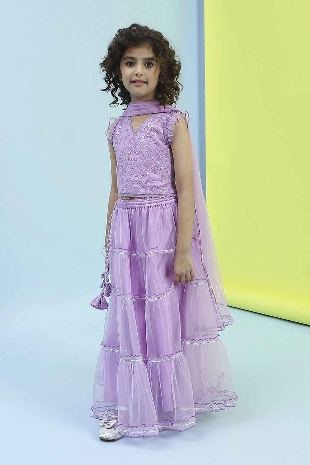 Lilac Embroidered Flared Lehenga Set image number 3