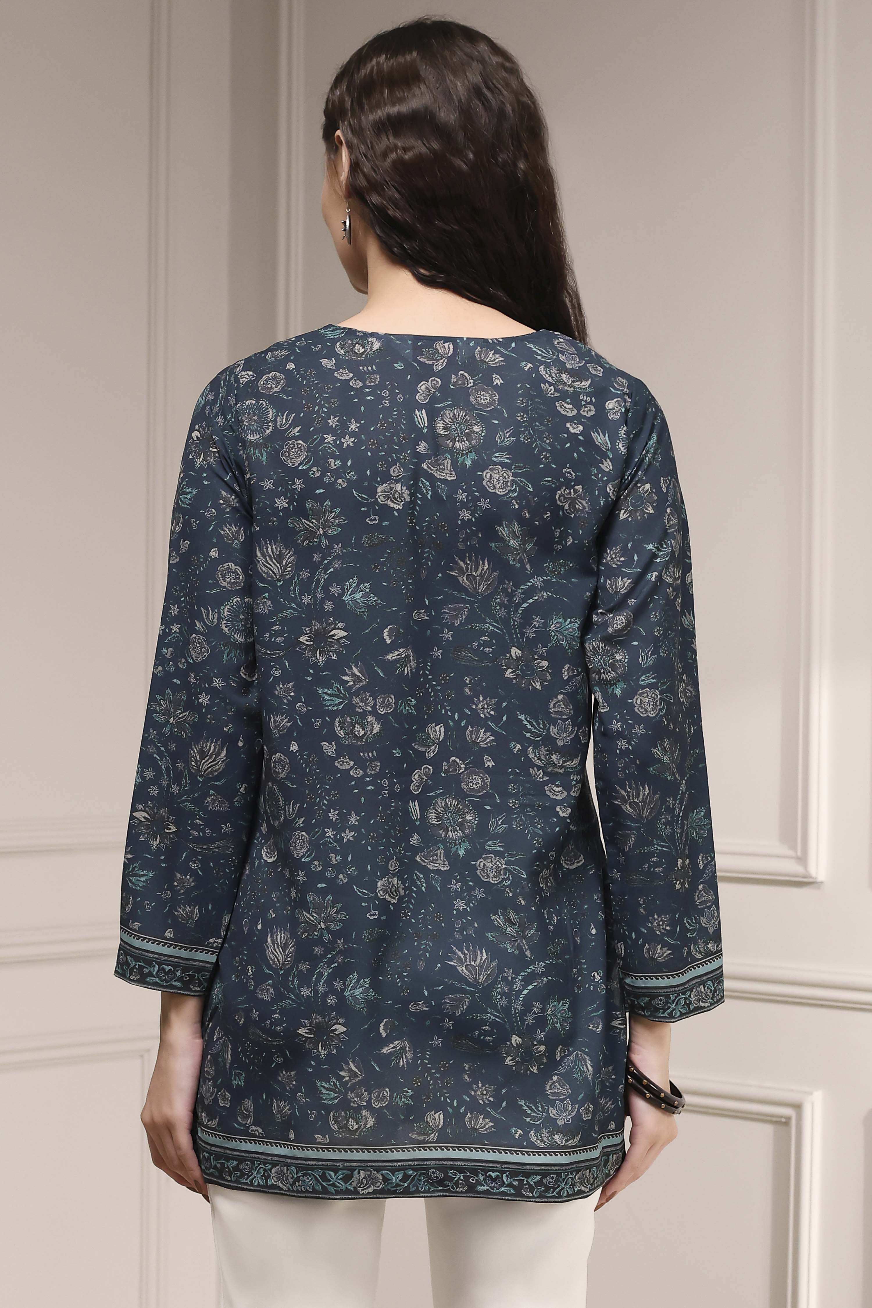 Blue Printed Straight Short Kurta image number 3
