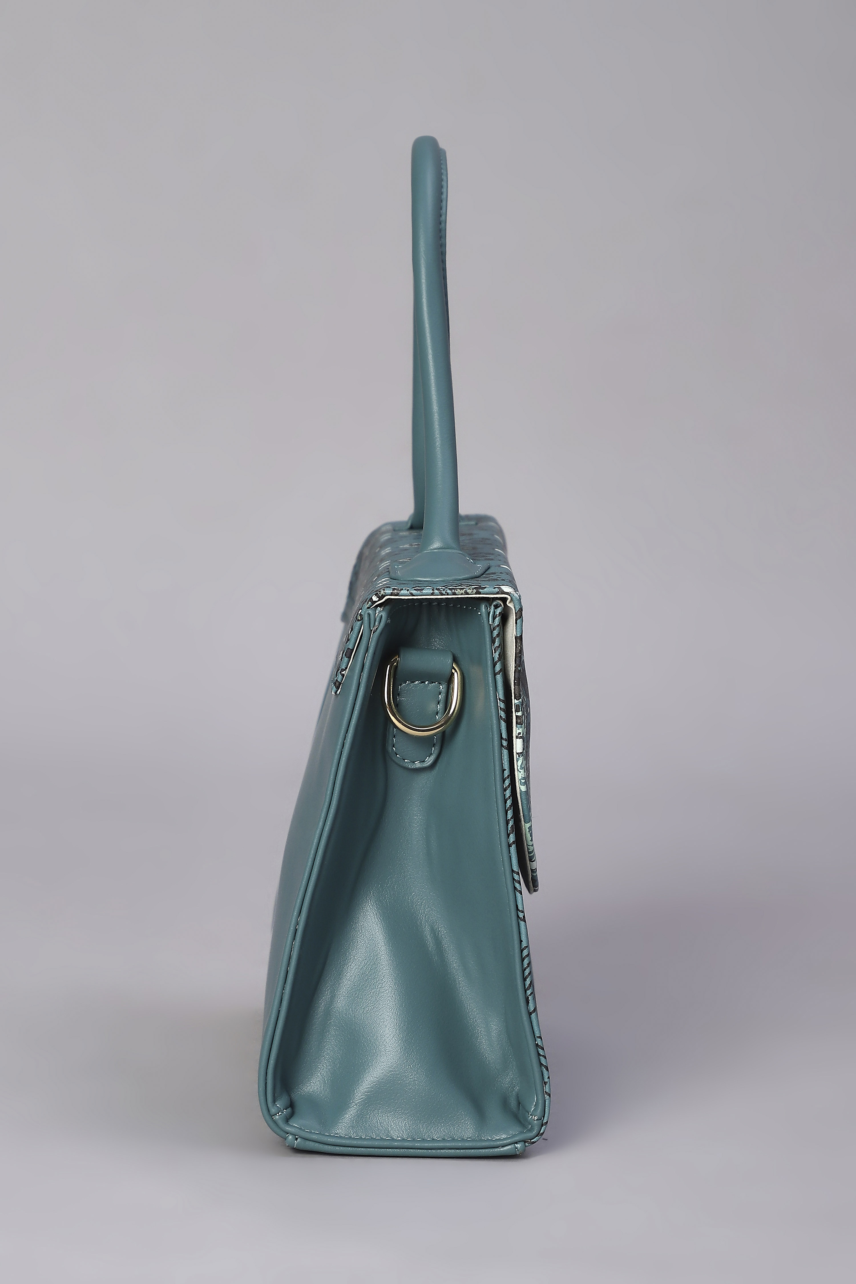 Teal Blue PU Printed Structured Satchel Bag image number 4