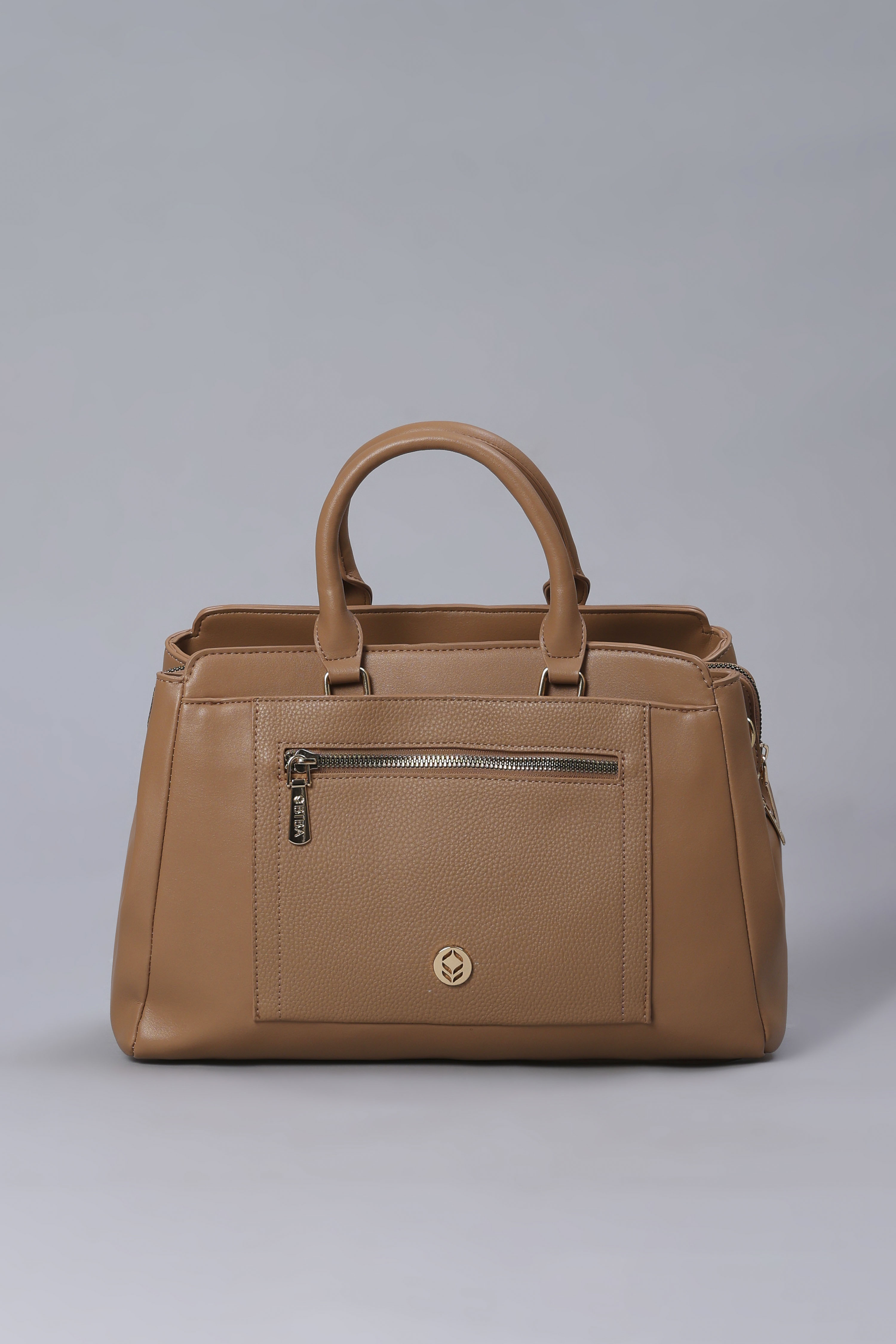Brown PU Solid Structured Handheld Bag image number 1