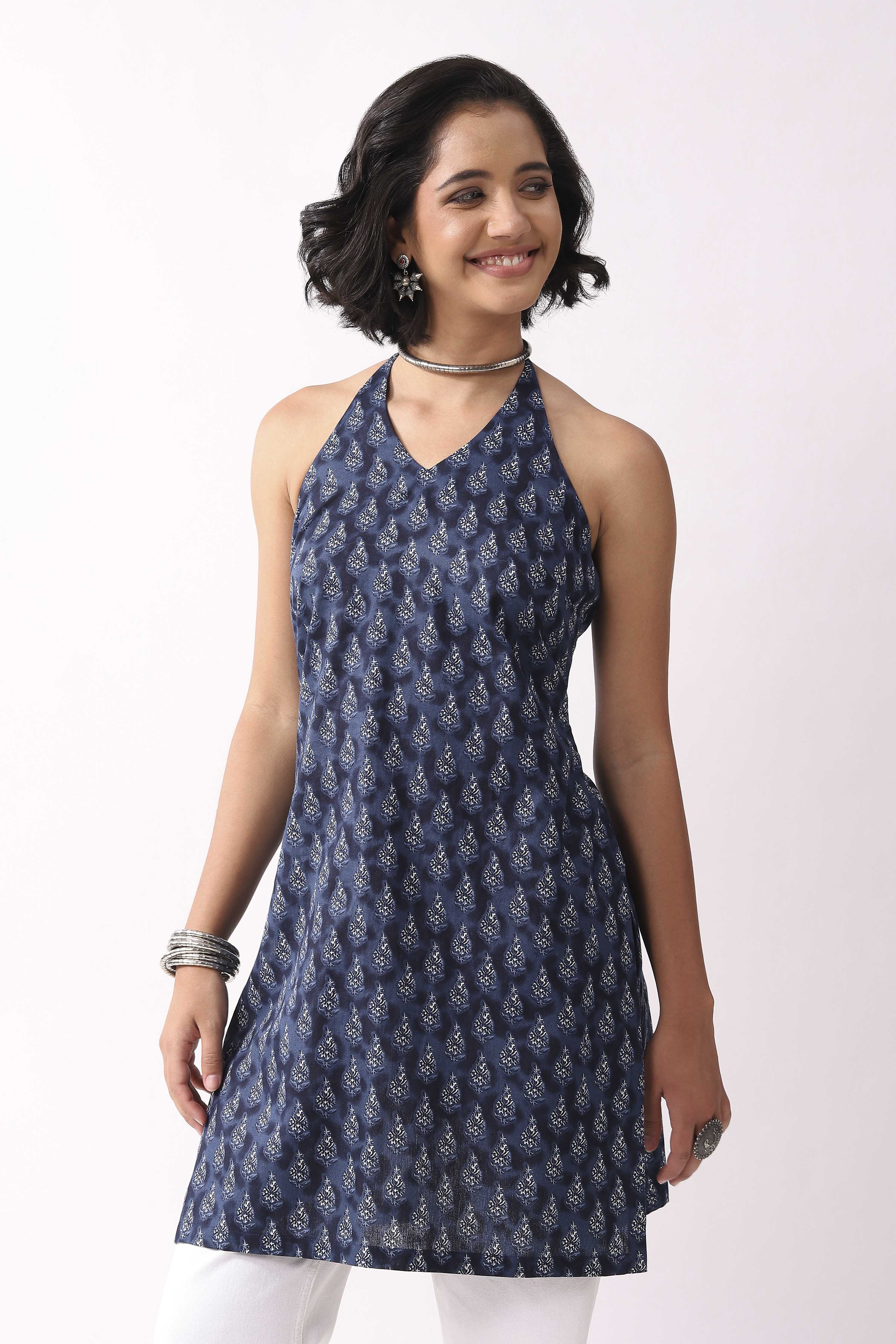 Indigo Cotton Floral Halter Tie-Up Kurti image number 6