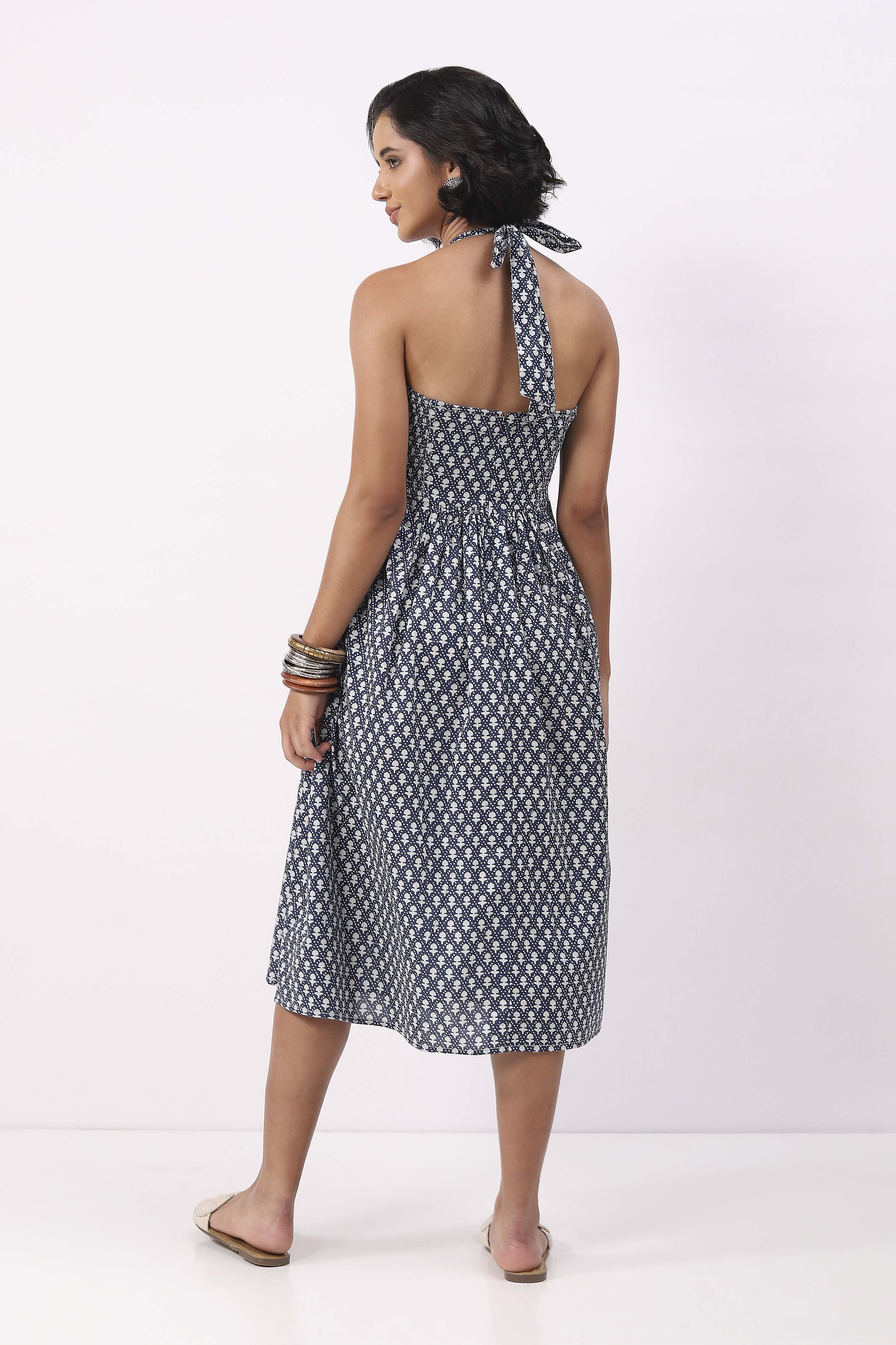 Indigo Cotton Ethnic Motif Printed Halter Midi Dress image number 4