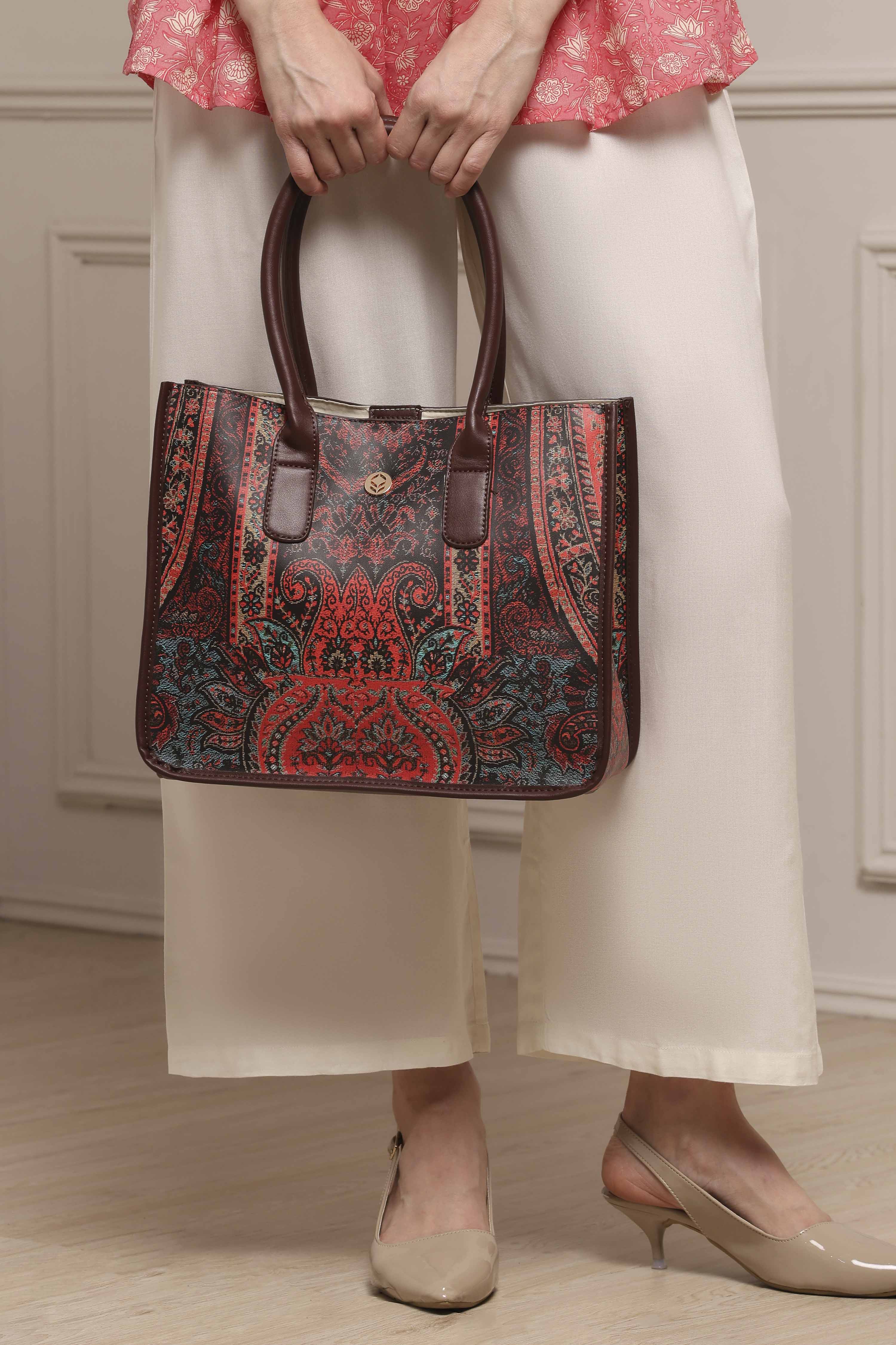Brown PU Printed Structured Tote Bag image number 7