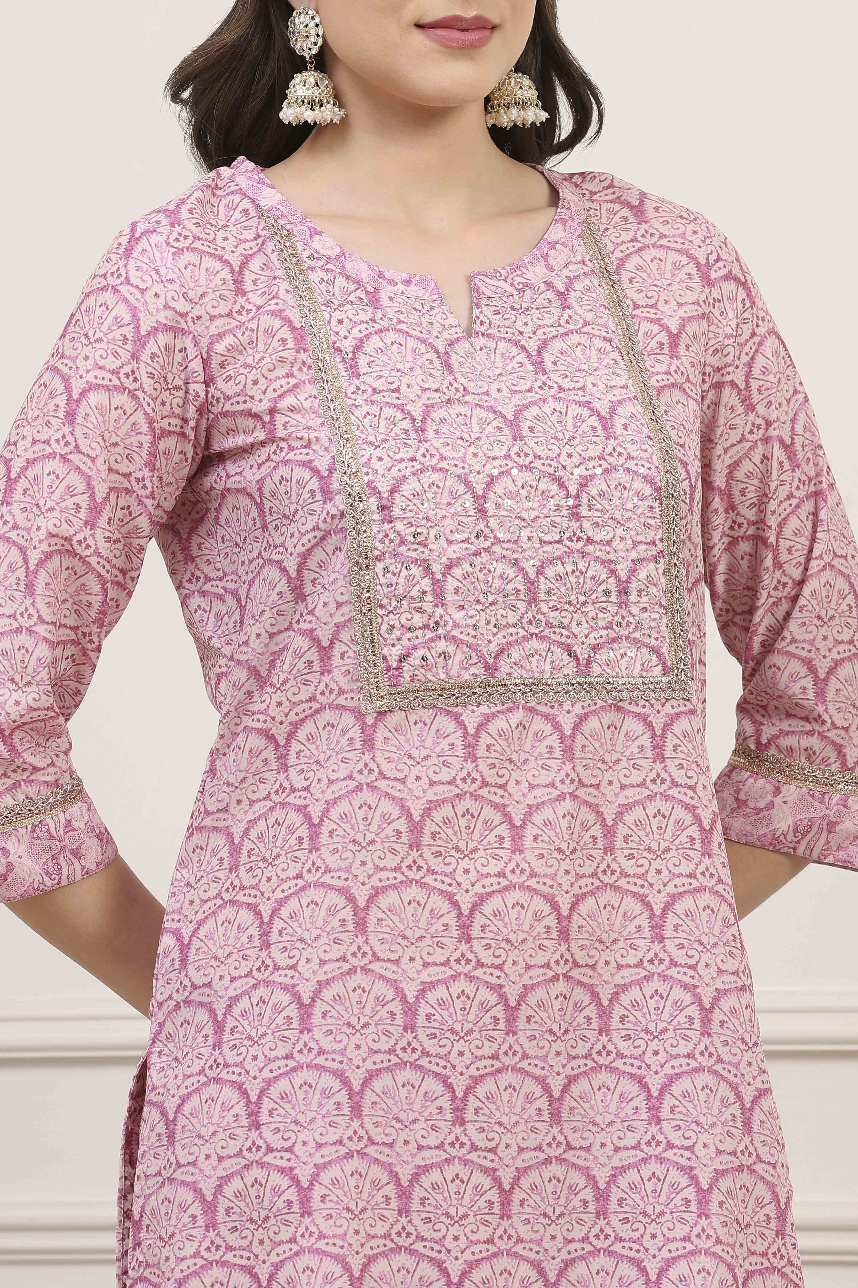 Pink Cotton Blend Straight Kurta Palazzo Suit Set image number 1