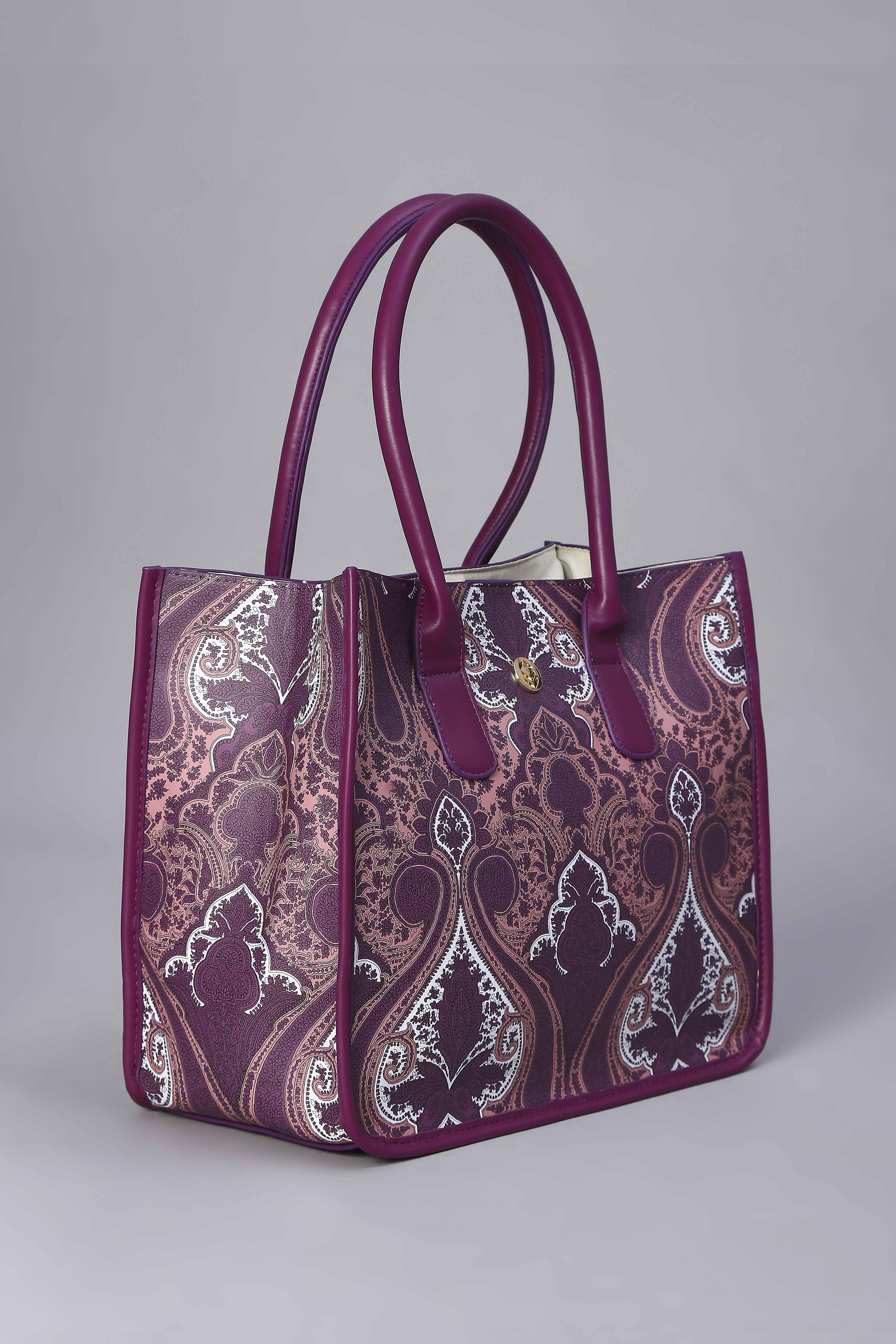 Magenta PU Printed Structured Tote Bag With Pouch image number 3
