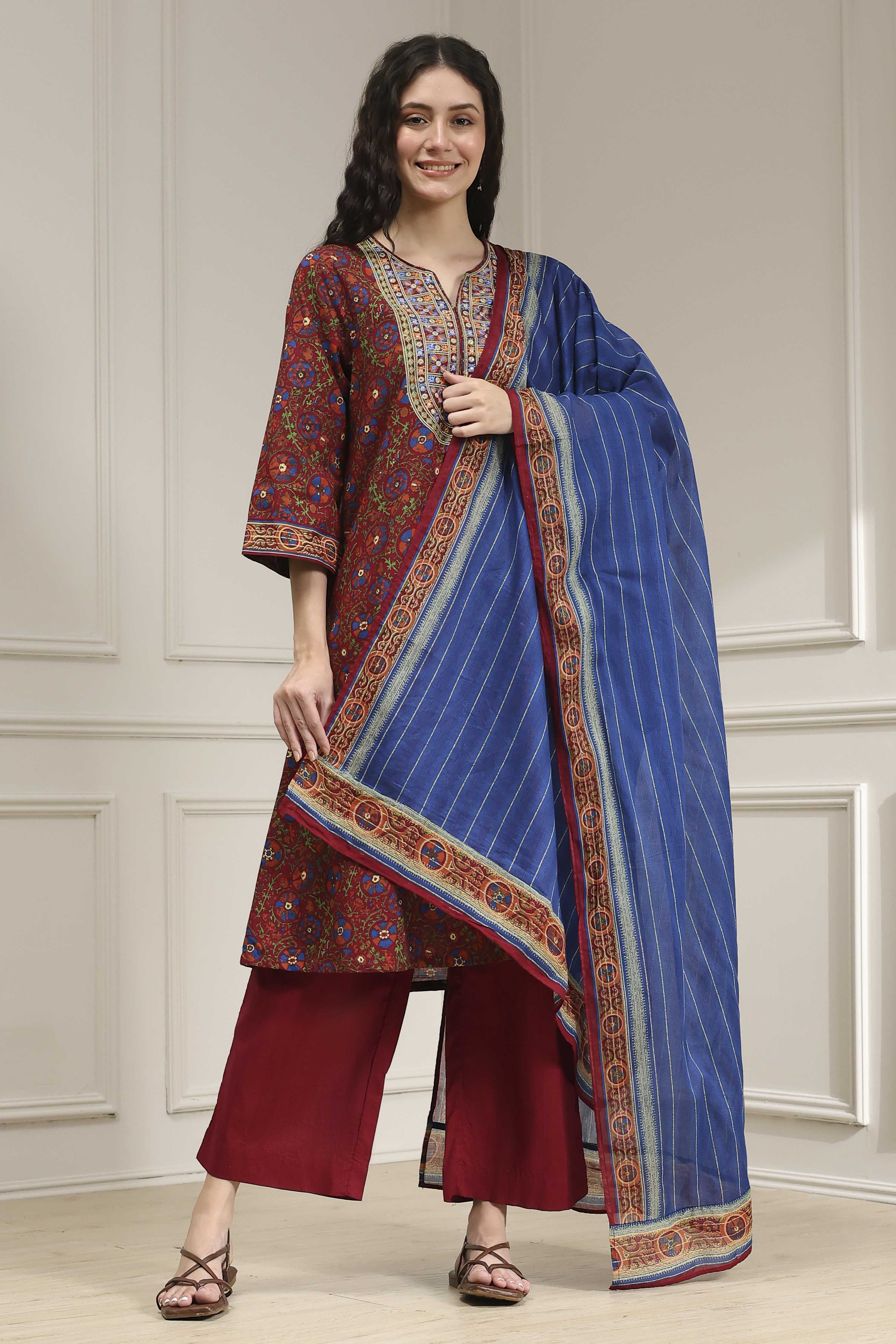 Rust and Blue Cotton Printed A-Line Suit Set image number 6