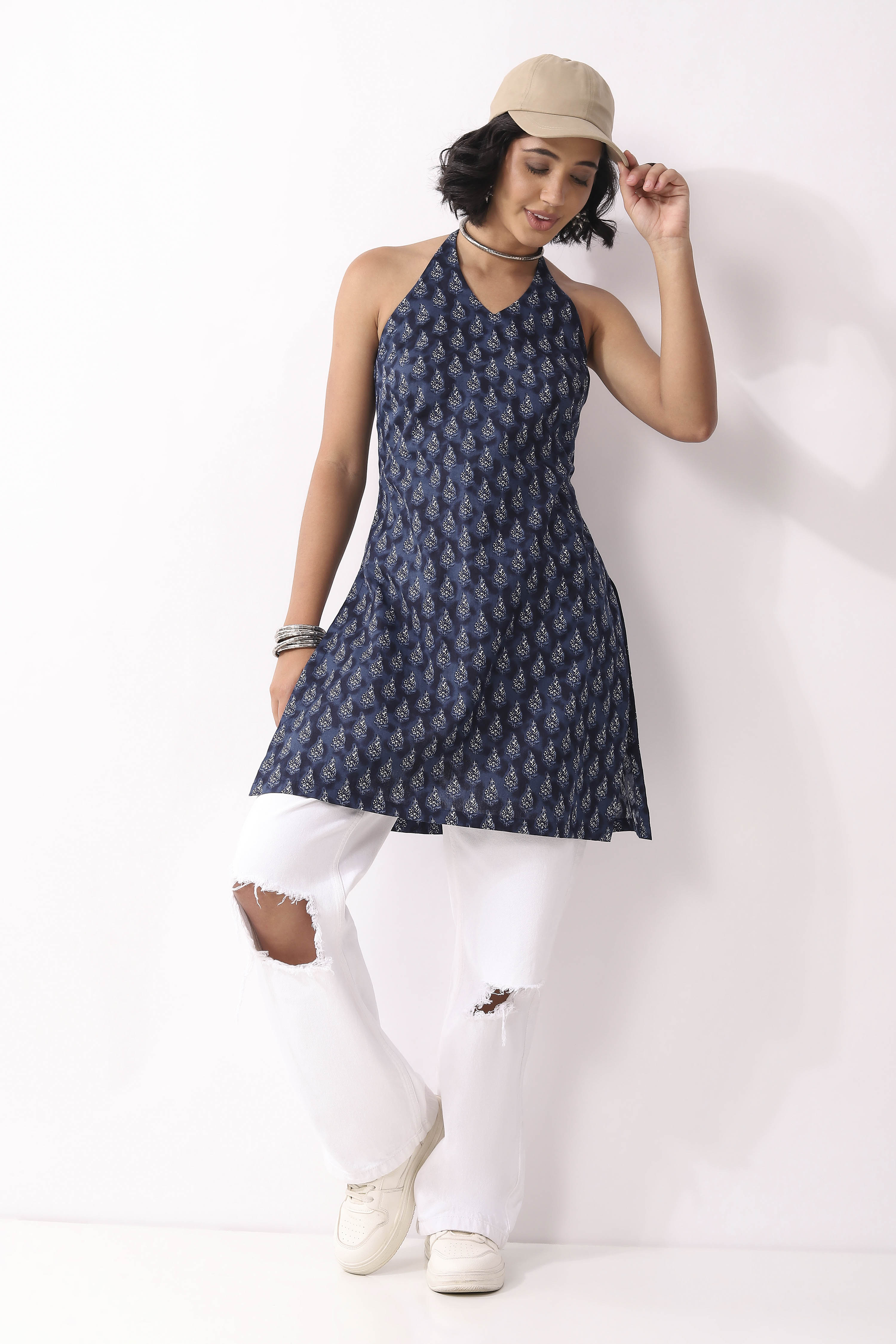 Indigo Cotton Floral Halter Tie-Up Kurti image number 0