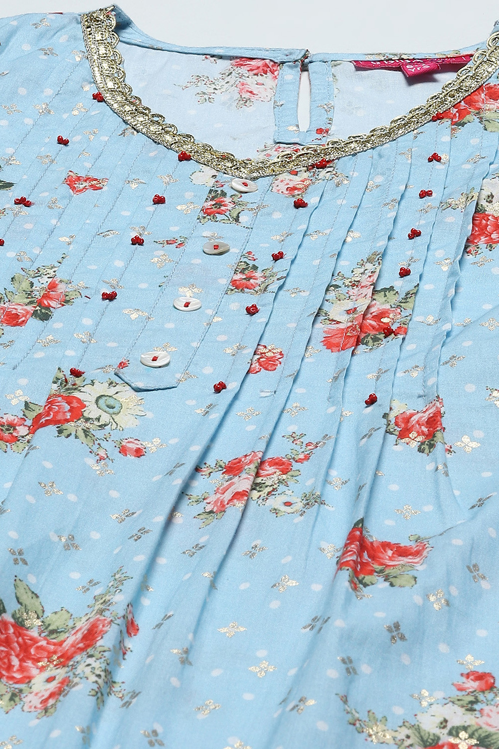 Blue Cotton Floral Printed A-Line Kurta Set image number 1