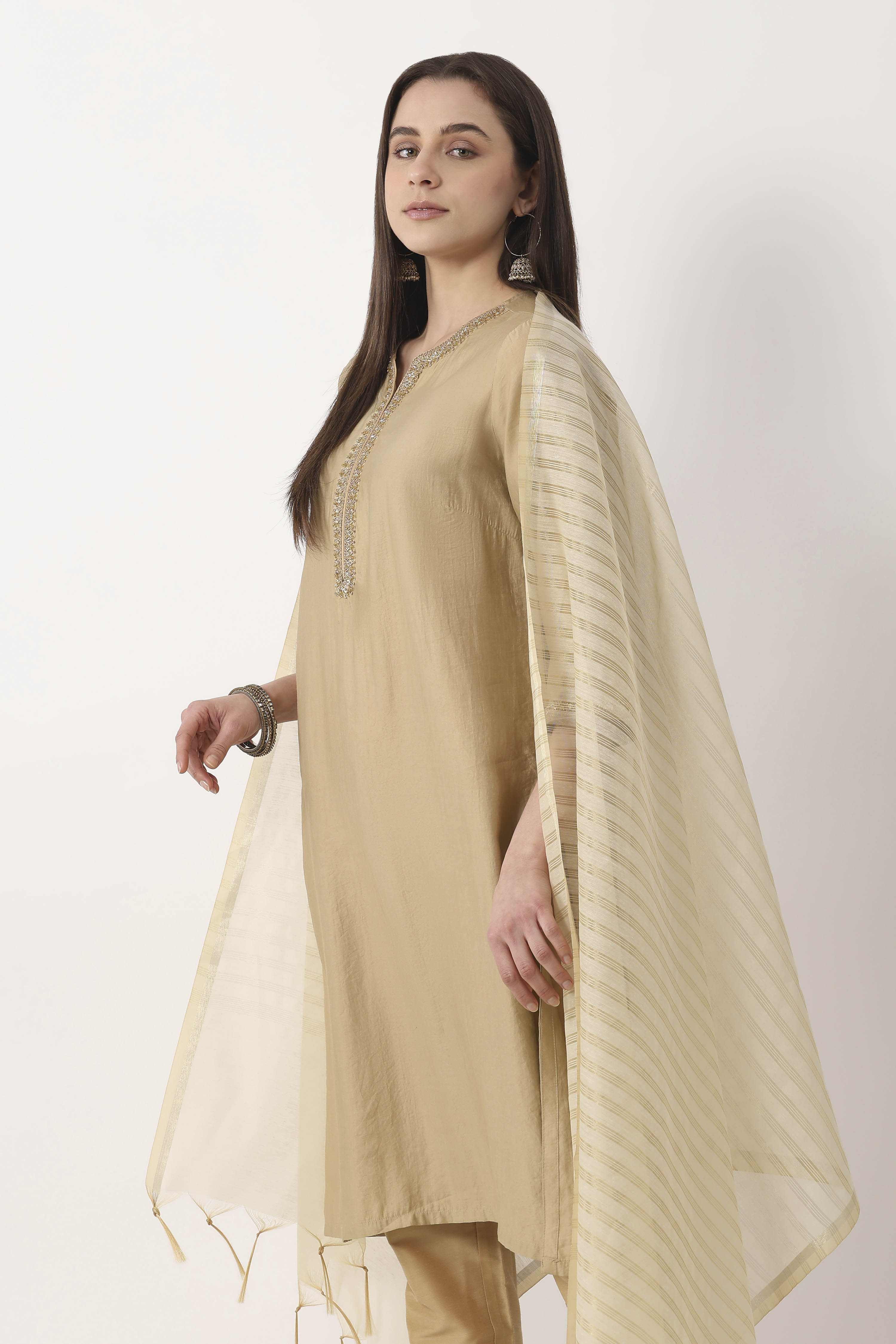 Beige Art Silk Semi Sheer Striped Dupatta image number 1